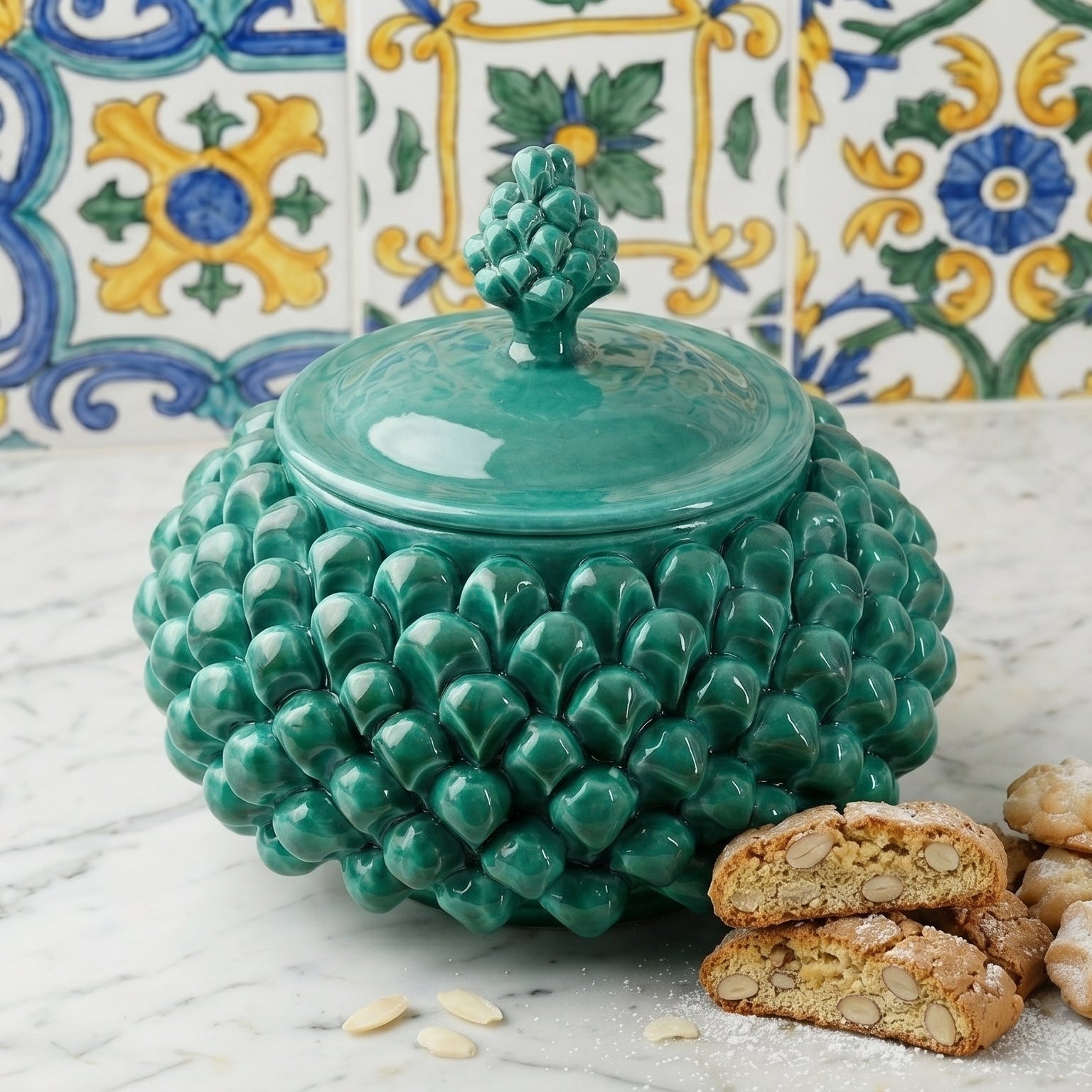 Biscottiera a Pigna, Verde Smeraldo, scaglie, coperchio. Ceramiche Sofia, Caltagirone