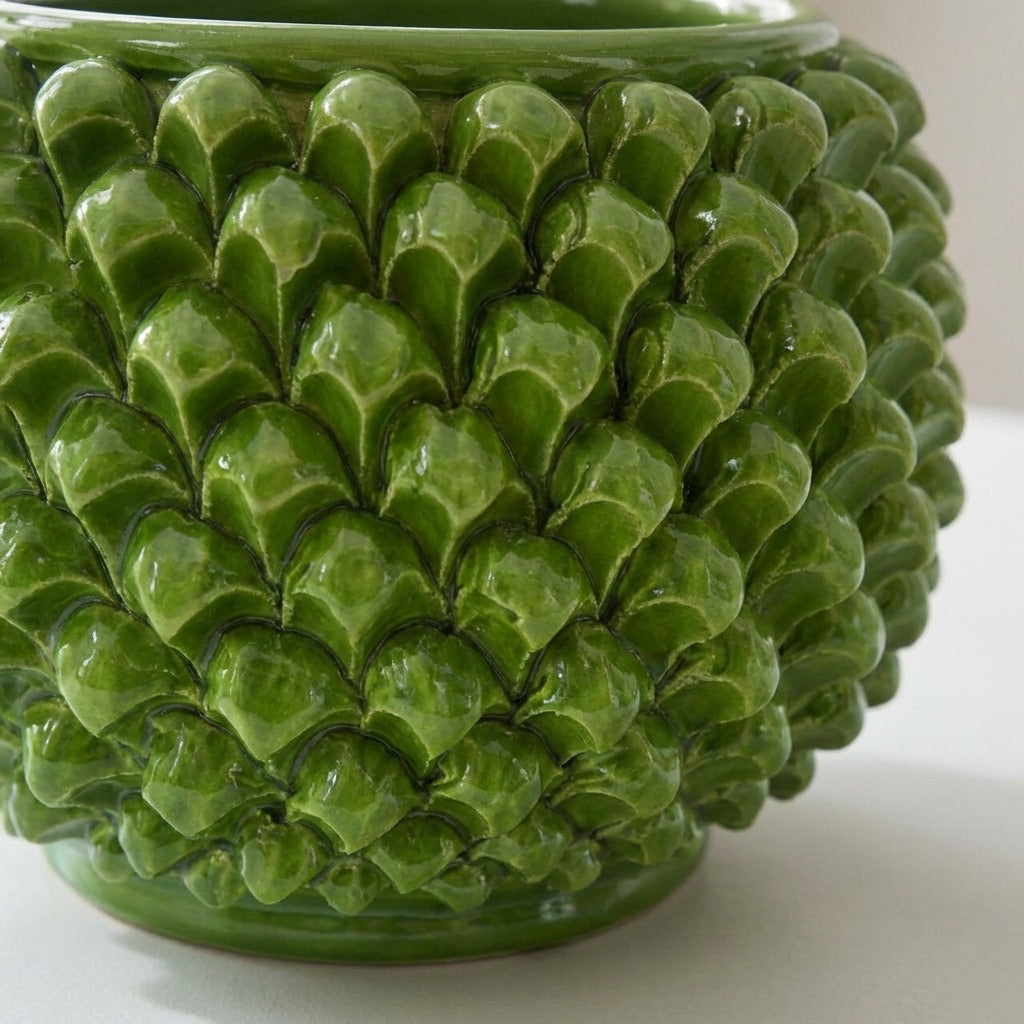 Vaso Mezza Pigna Senza Piede, Verde Foglia. Ceramiche Sofia, Caltagirone