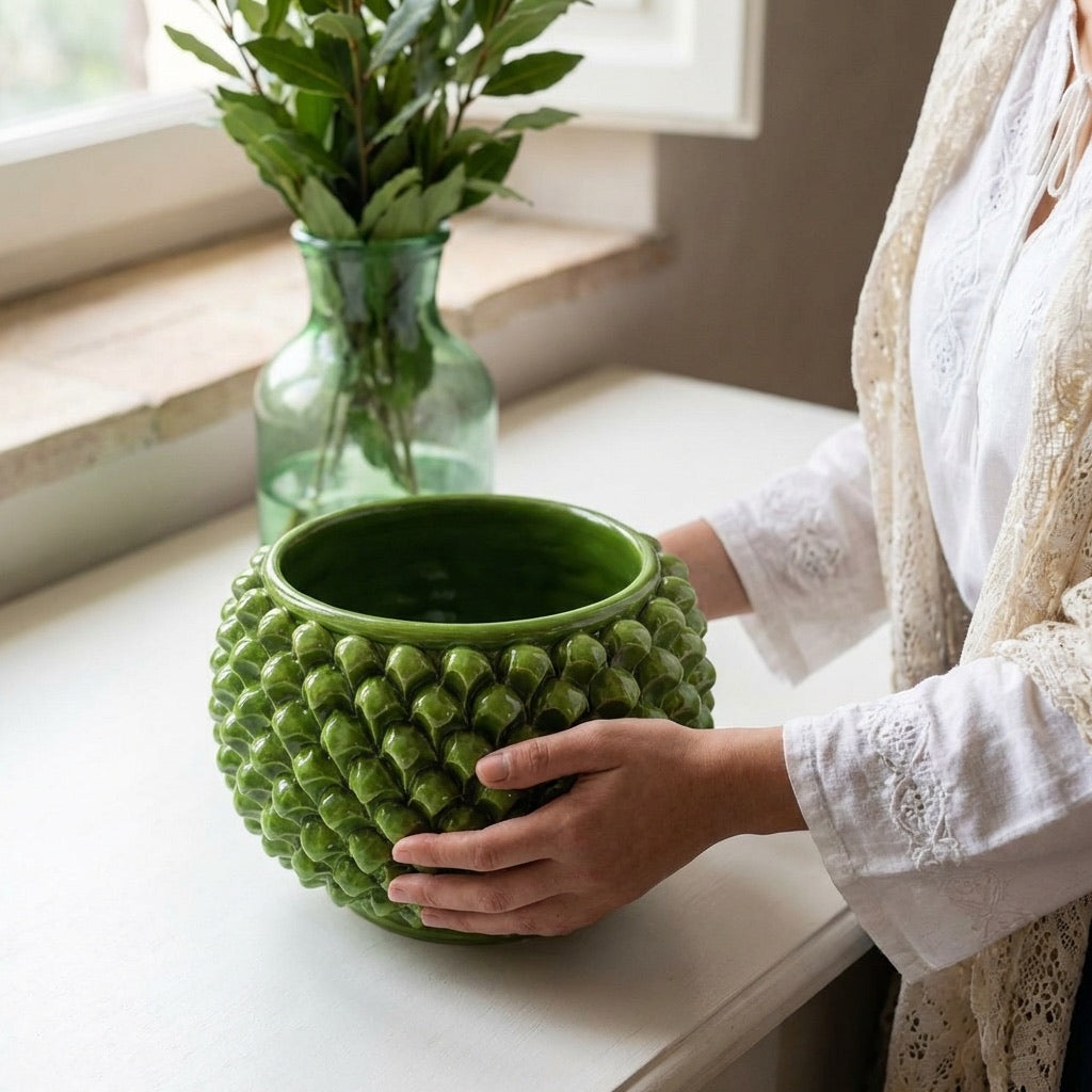 Vaso Mezza Pigna Senza Piede, Verde Foglia. Ceramiche Sofia, Caltagirone