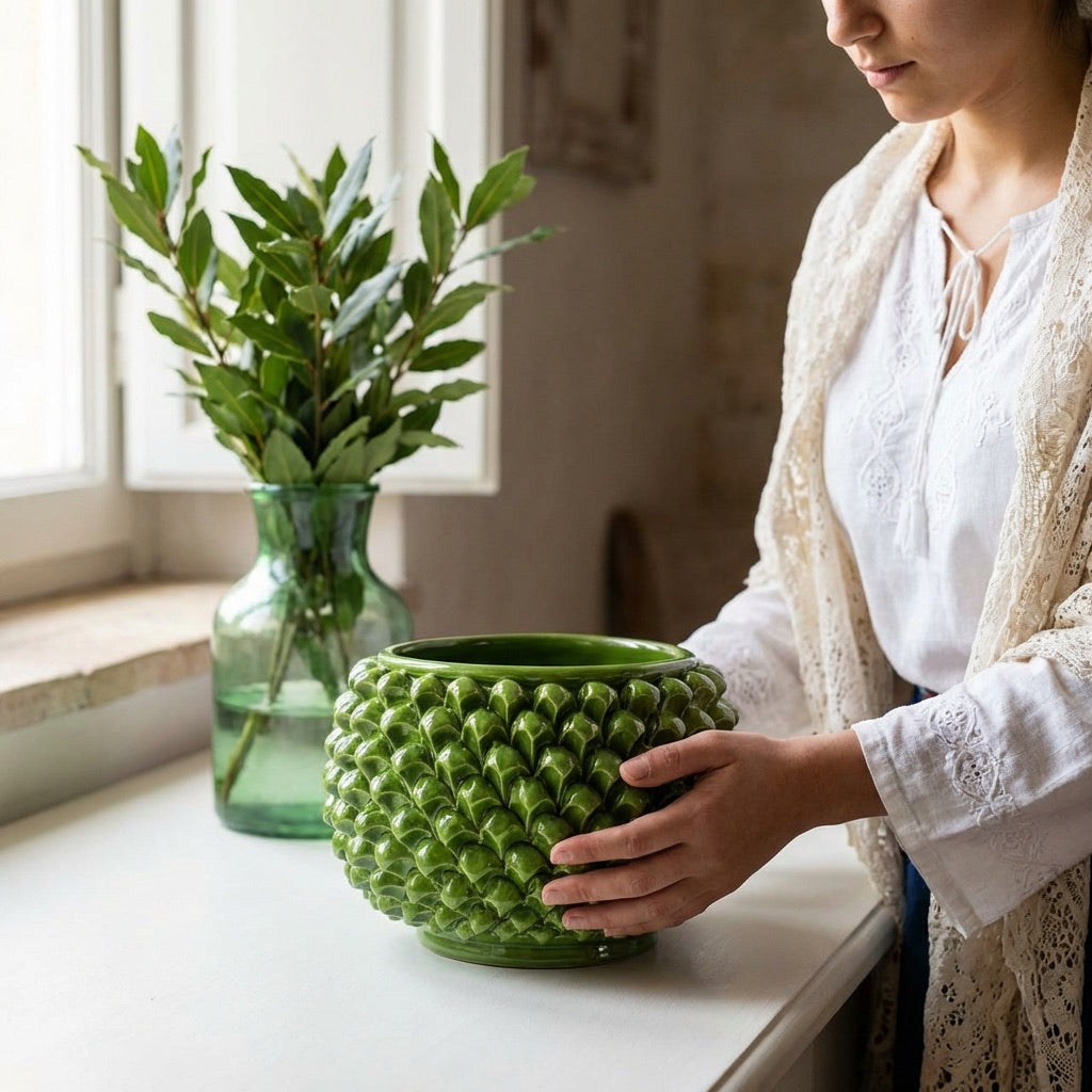 Vaso Mezza Pigna Senza Piede, Verde Foglia. Ceramiche Sofia, Caltagirone