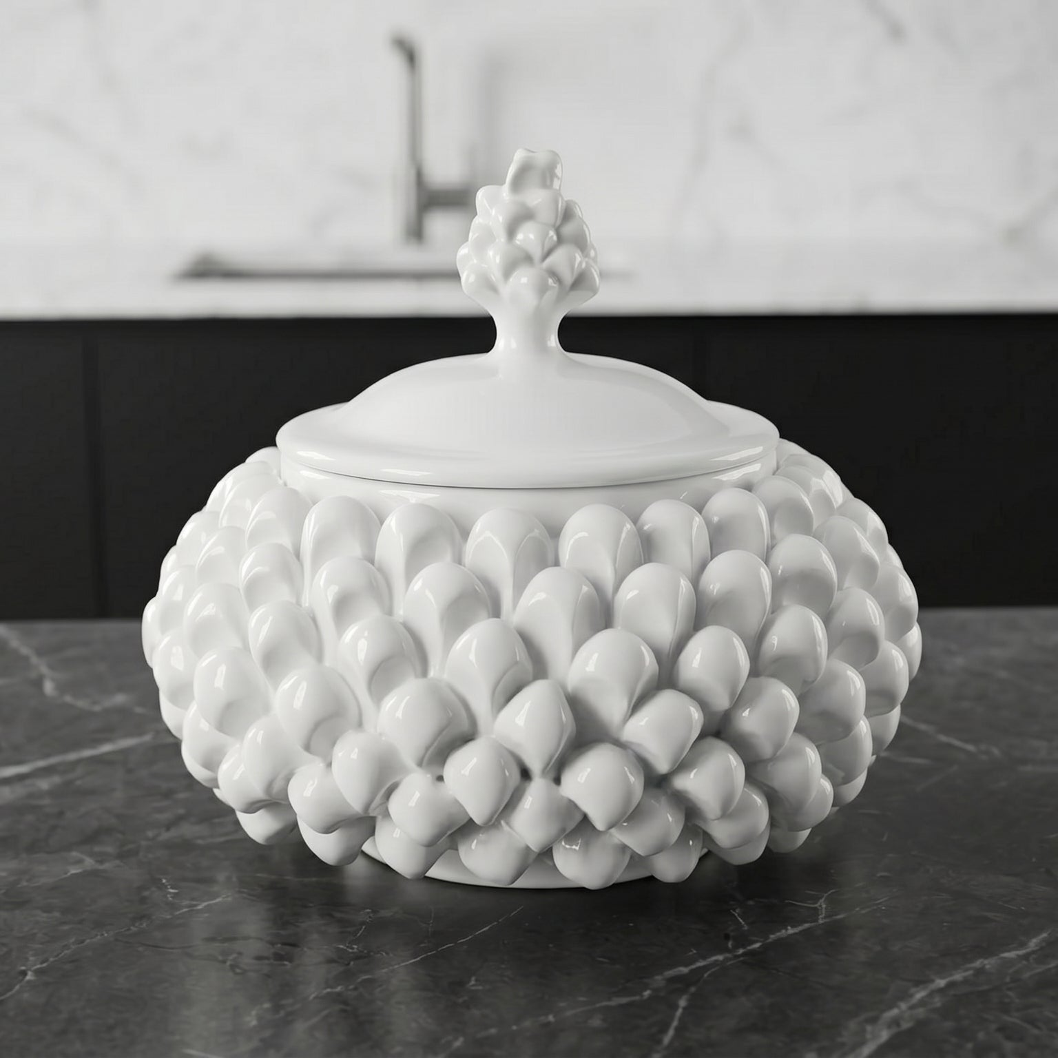 Biscottiera a Pigna, White Line, scaglie, coperchio. Ceramiche Sofia, Caltagirone