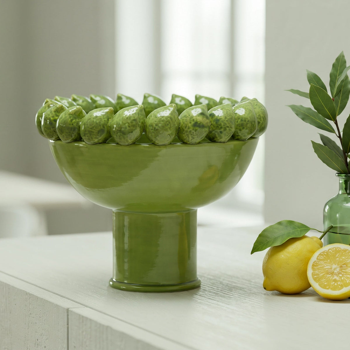 Alzata con Limoni Siciliani in Ceramica di Caltagirone Ø 23/33/45 cm - Verde Foglia
