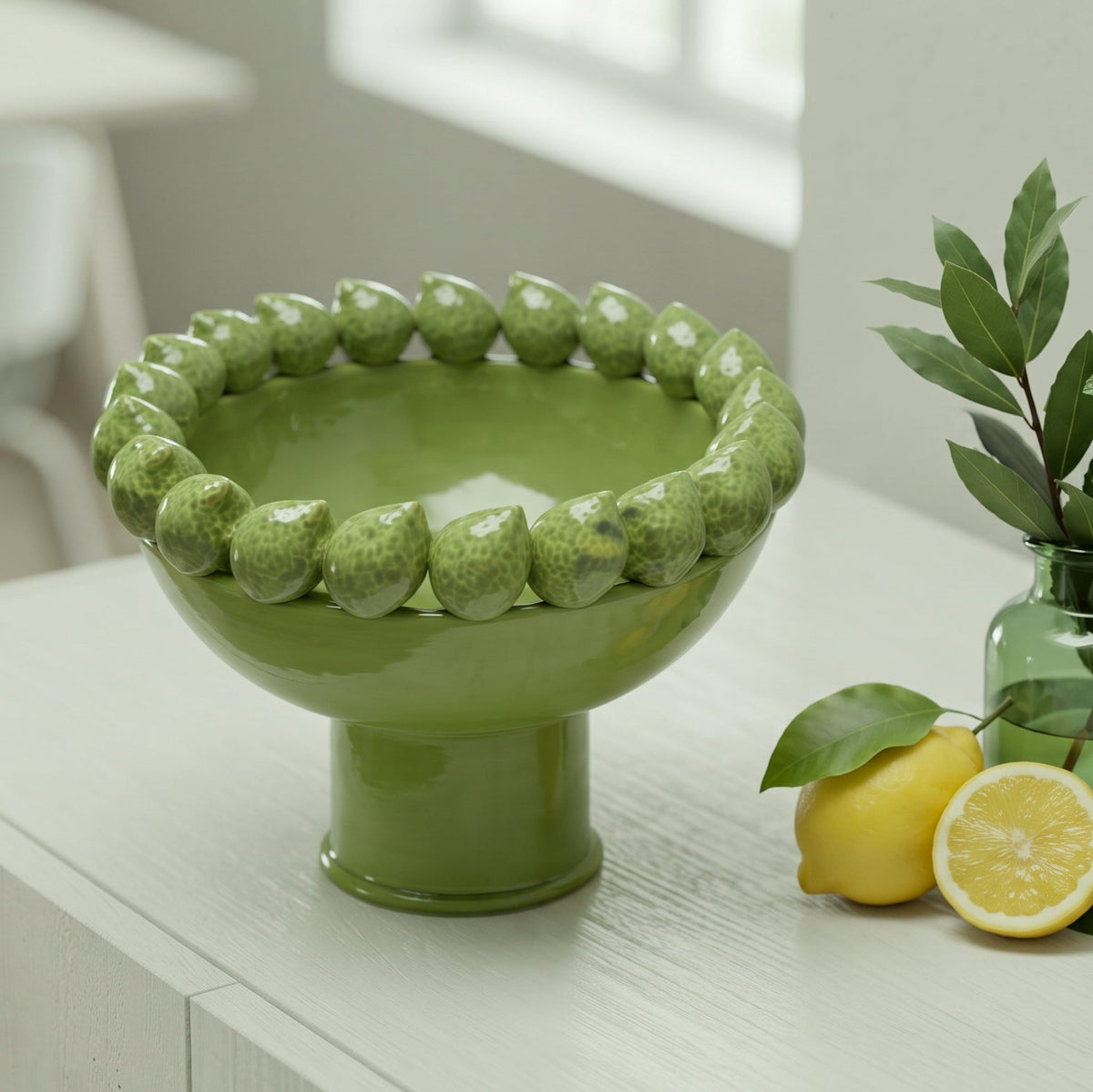 Alzata con Limoni Siciliani in Ceramica di Caltagirone Ø 23/33/45 cm - Verde Foglia