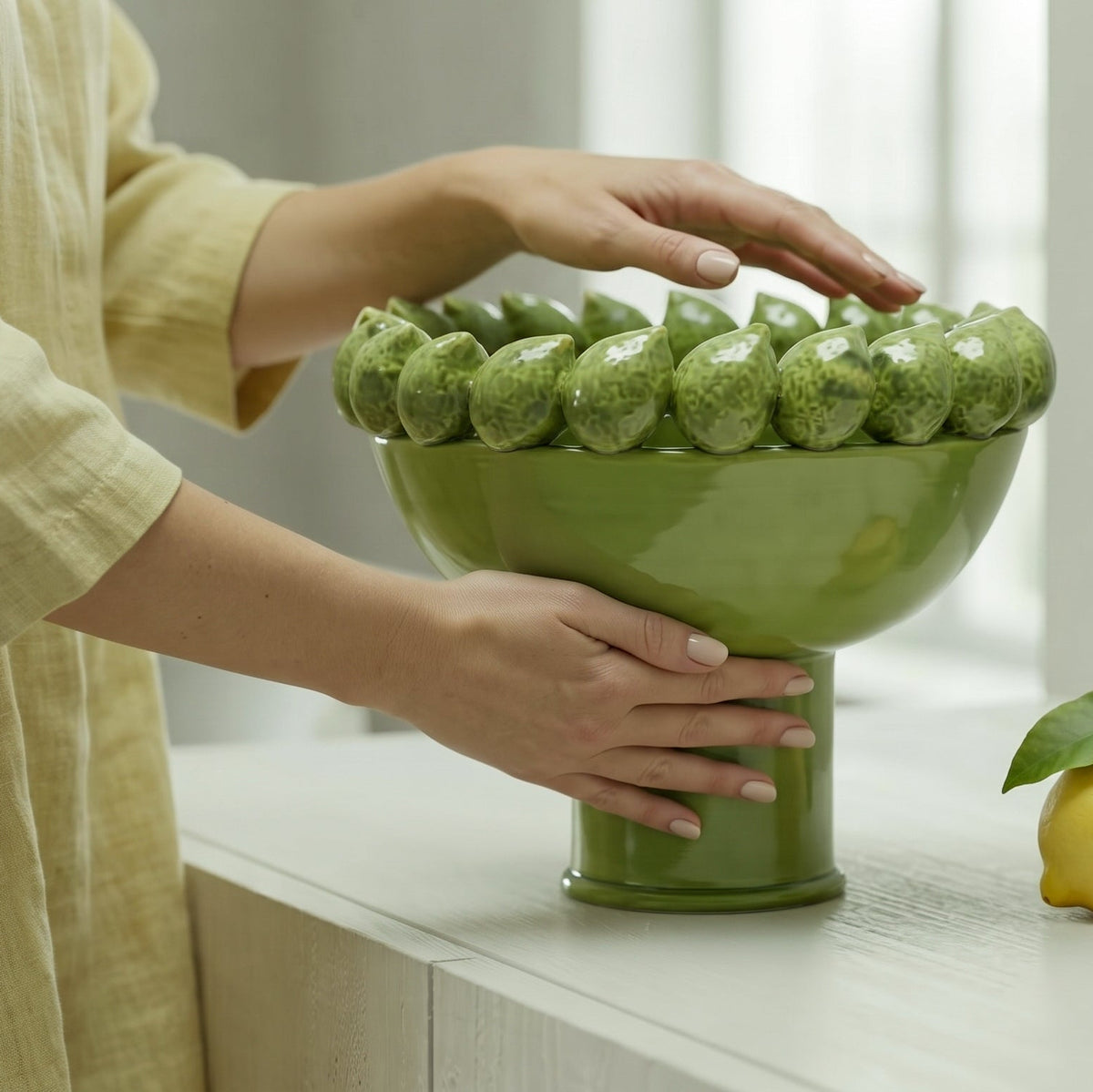Alzata con Limoni Siciliani in Ceramica di Caltagirone Ø 23/33/45 cm - Verde Foglia
