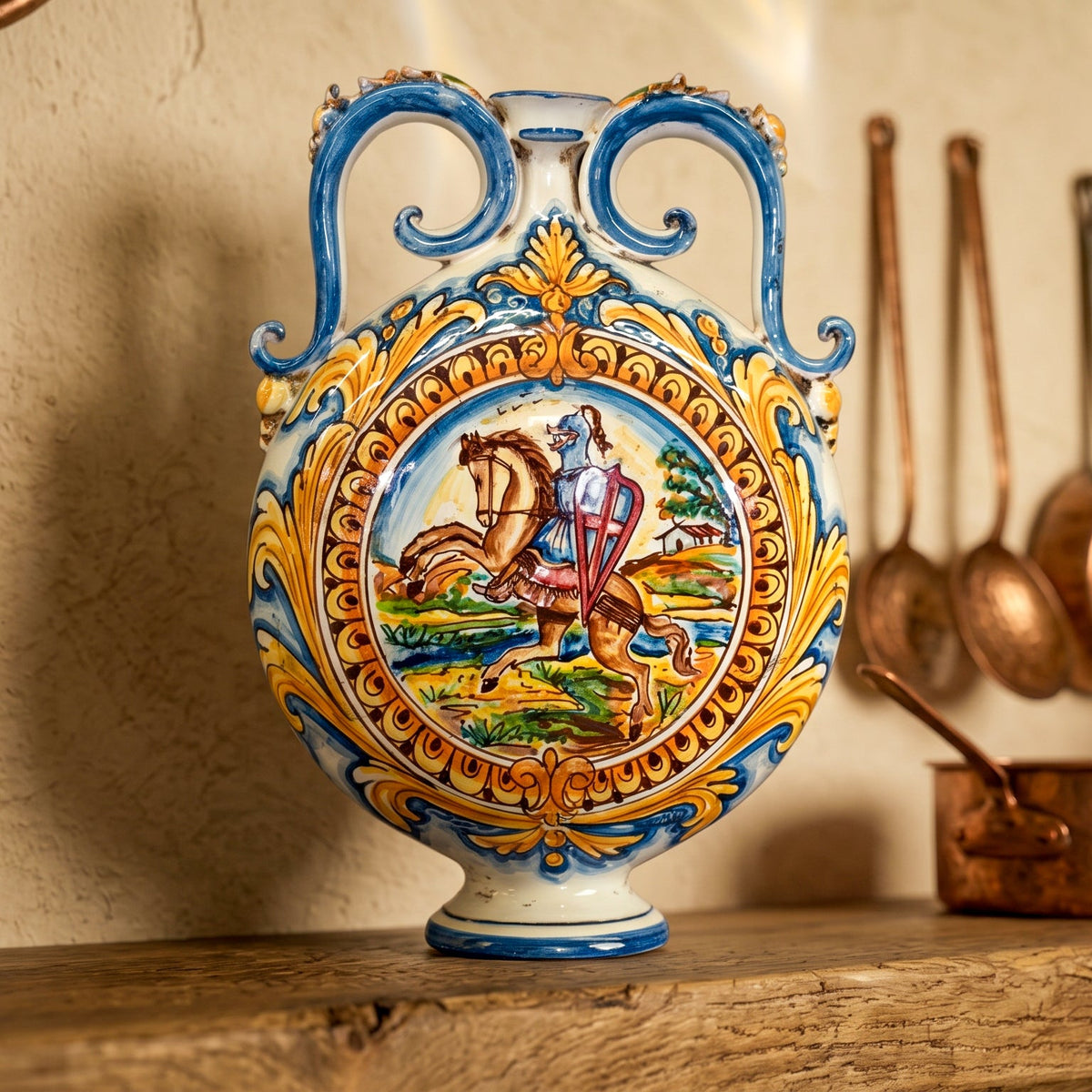 Fiasca a Ciambella in Ceramica di Caltagirone 23×32 cm - con Cavaliere, Antiche Riproduzioni