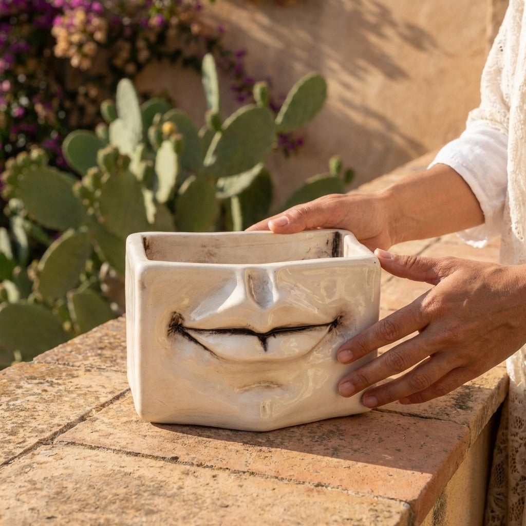 Scatola con Espressione, Madreperla Antichizzato, labbra, coperchio. Ceramica siciliana di Caltagirone, Sofia