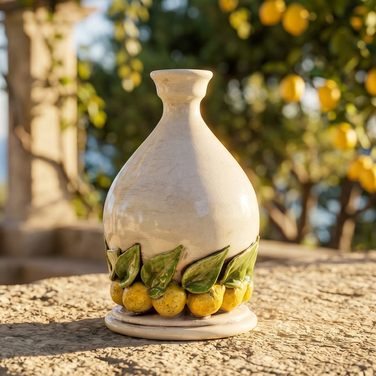 Portacandela, Limoni di Sicilia, Madreperla Colorato, foglie in rilievo, decoro barocco. Ceramiche Sofia, Caltagirone