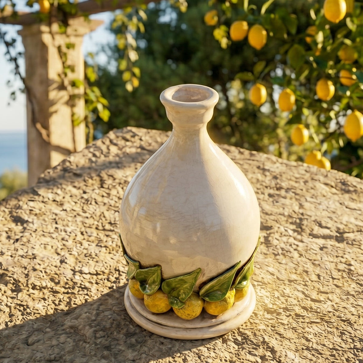 Portacandela, Limoni di Sicilia, Madreperla Colorato, foglie in rilievo, decoro barocco. Ceramiche Sofia, Caltagirone