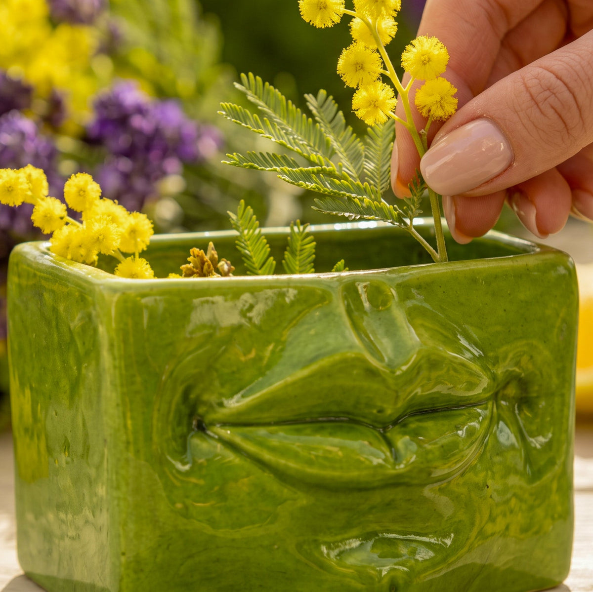 Scatola con Espressione in Ceramica di Caltagirone 14×10 / 21×13 cm - Verde Foglia