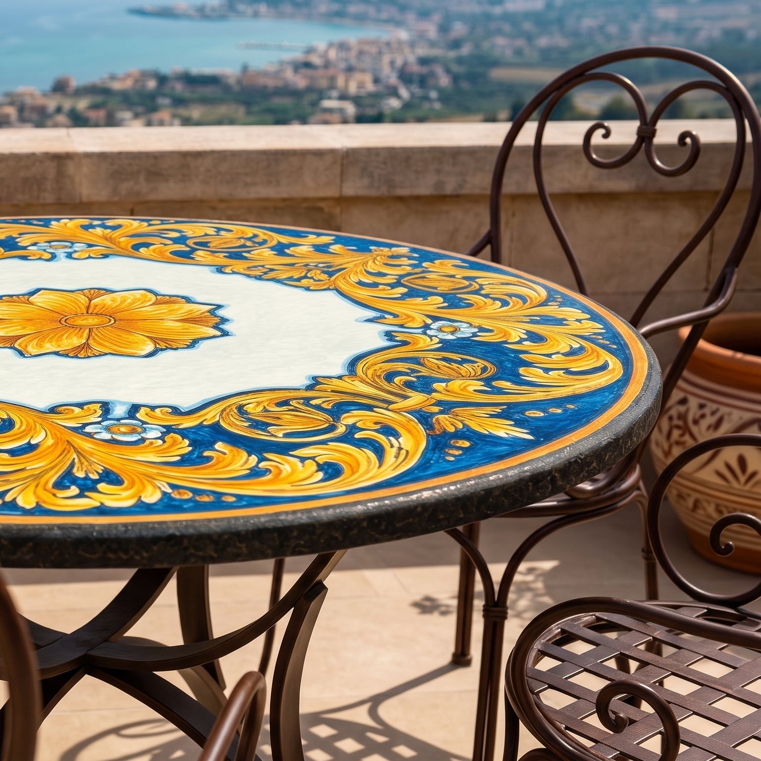 Tavolo in Pietra Lavica di Caltagirone, Cornice, Ornato Fondo Blu. Ceramica siciliana di Caltagirone, Sofia