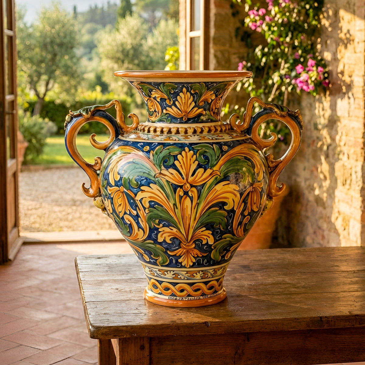 Vaso Anfora, Ornato Calatino, manici. Ceramica siciliana di Caltagirone, Sofia