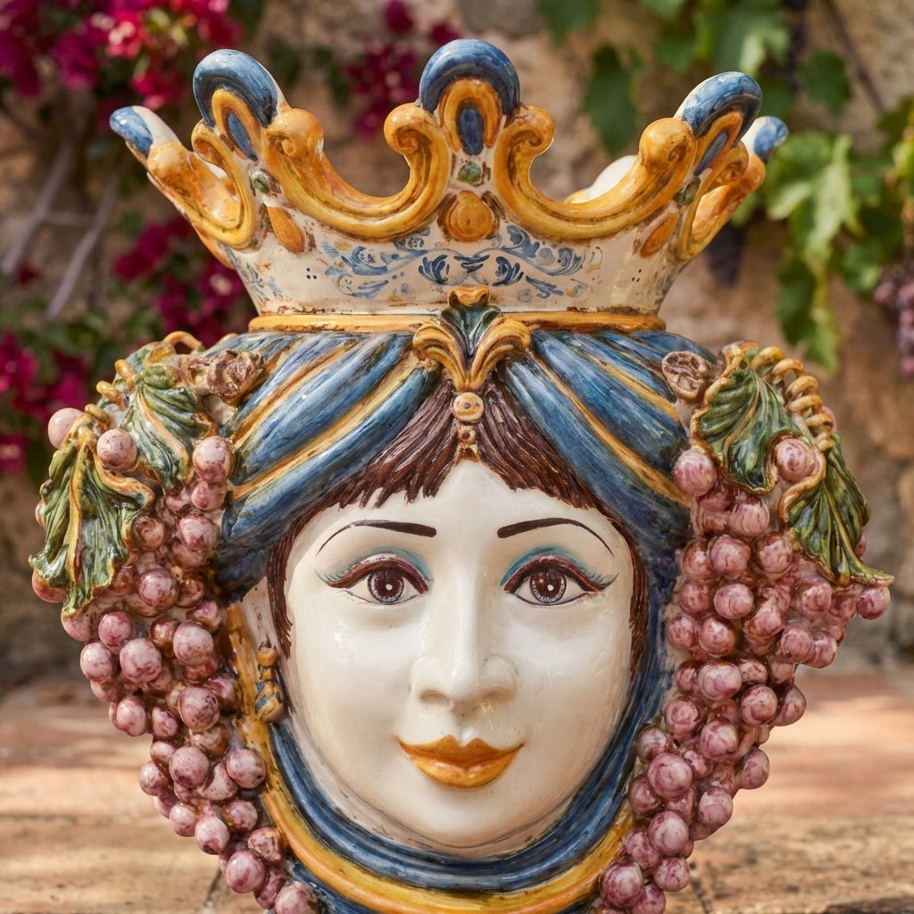 Testa di Moro con Uva, Donna, Blu e Arancio. Ceramica siciliana di Caltagirone, Sofia