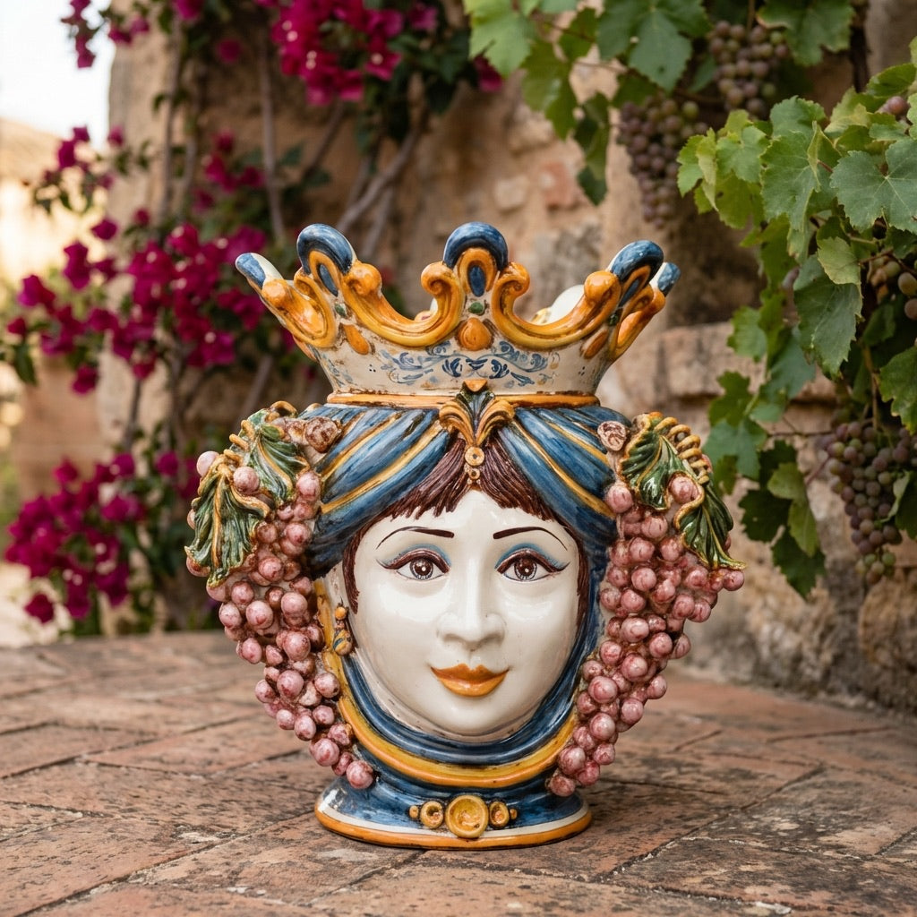 Testa di Moro con Uva, Donna, Blu e Arancio. Ceramica siciliana di Caltagirone, Sofia