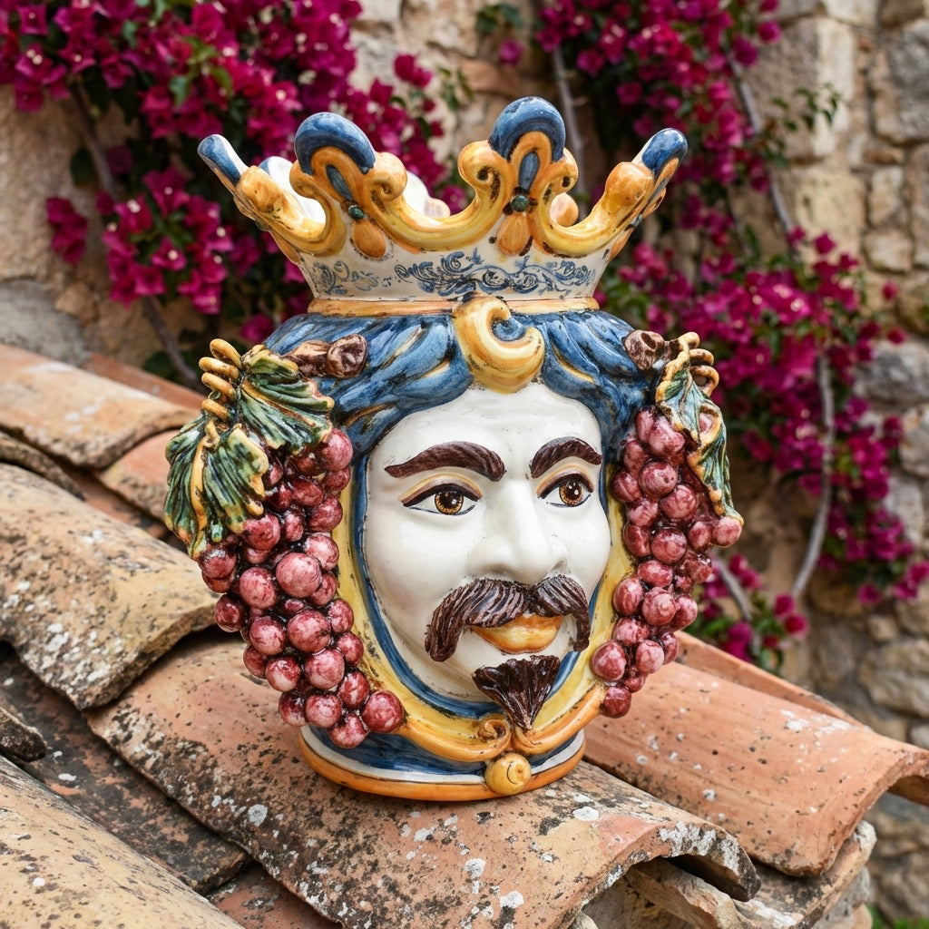 Testa di Moro con Uva, Maschio Bianco, Blu e Arancio. Ceramiche Sofia, Caltagirone