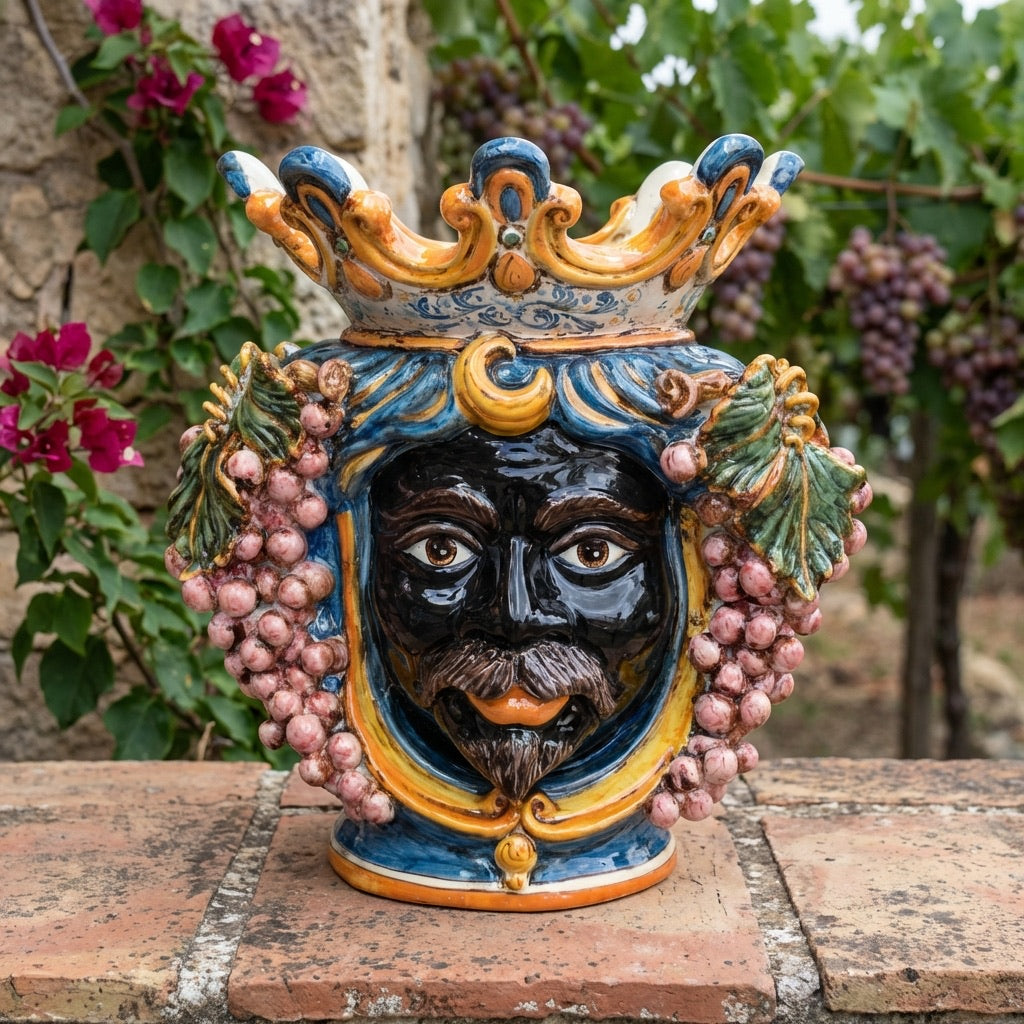 Testa di Moro con Uva, Maschio Moro, Blu e Arancio. Ceramica siciliana di Caltagirone, Sofia