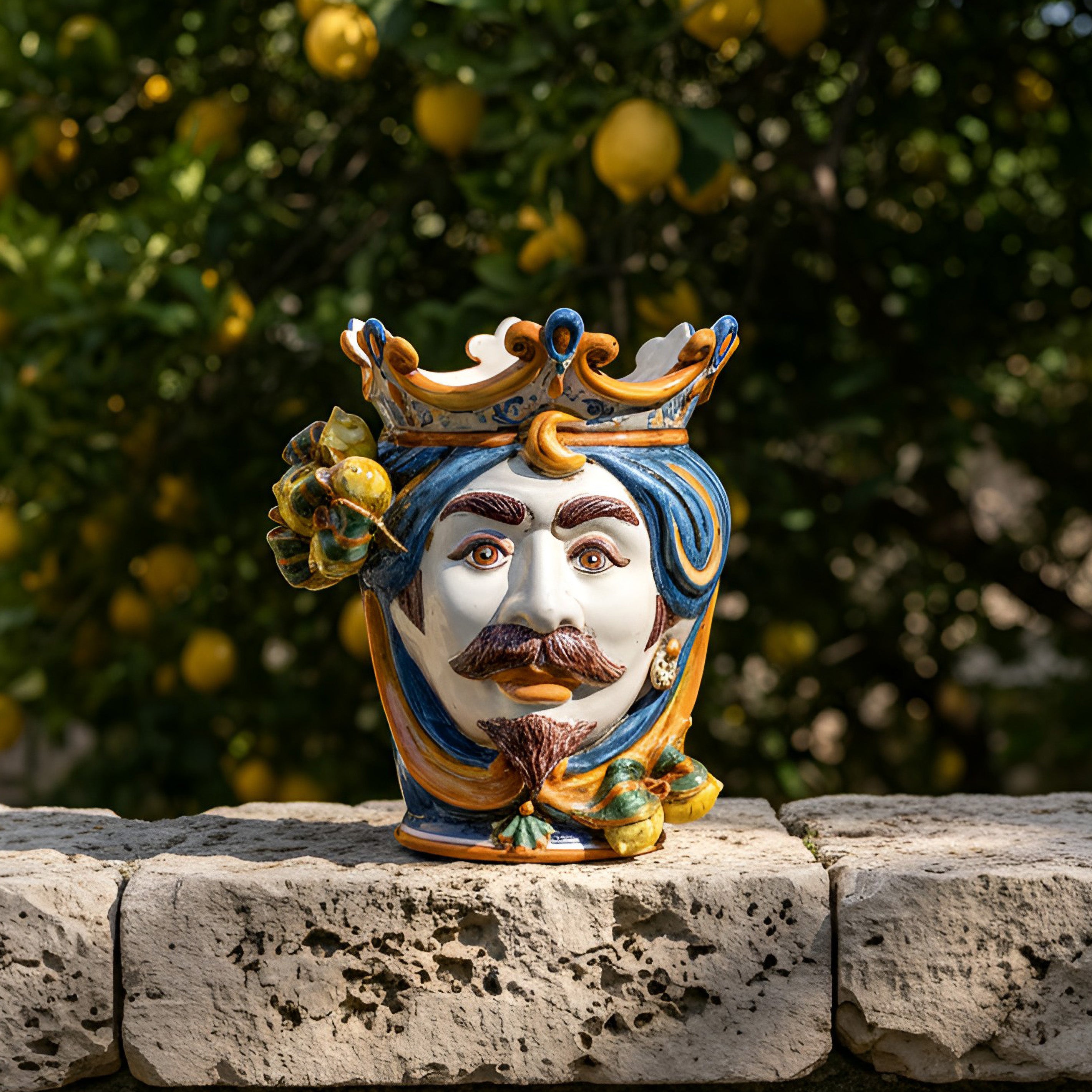 Testa di Moro con Limoni, Maschio Bianco, Blu e Arancio, corona. Ceramica siciliana di Caltagirone, Sofia