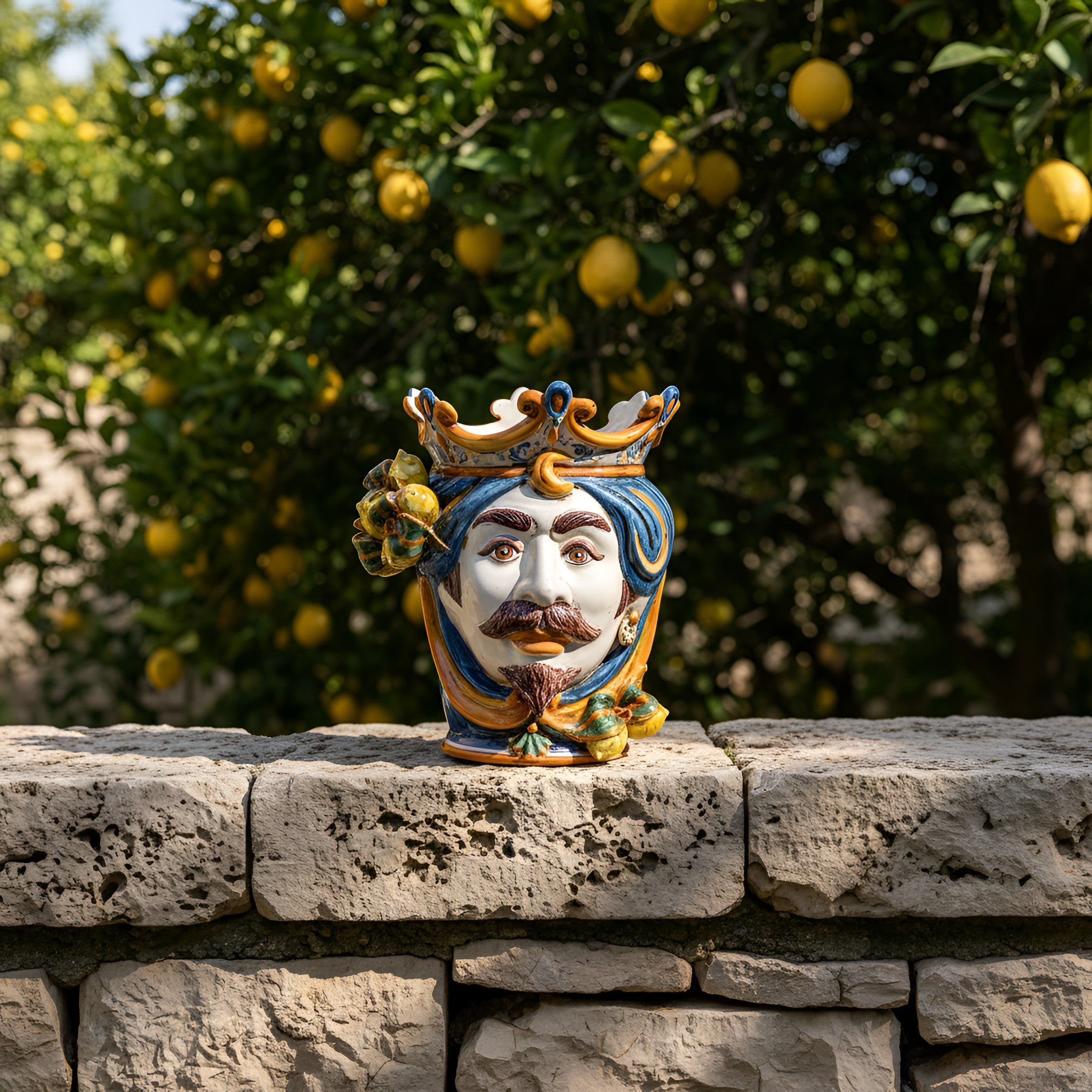 Testa di Moro con Limoni, Maschio Bianco, Blu e Arancio, corona. Ceramica siciliana di Caltagirone, Sofia