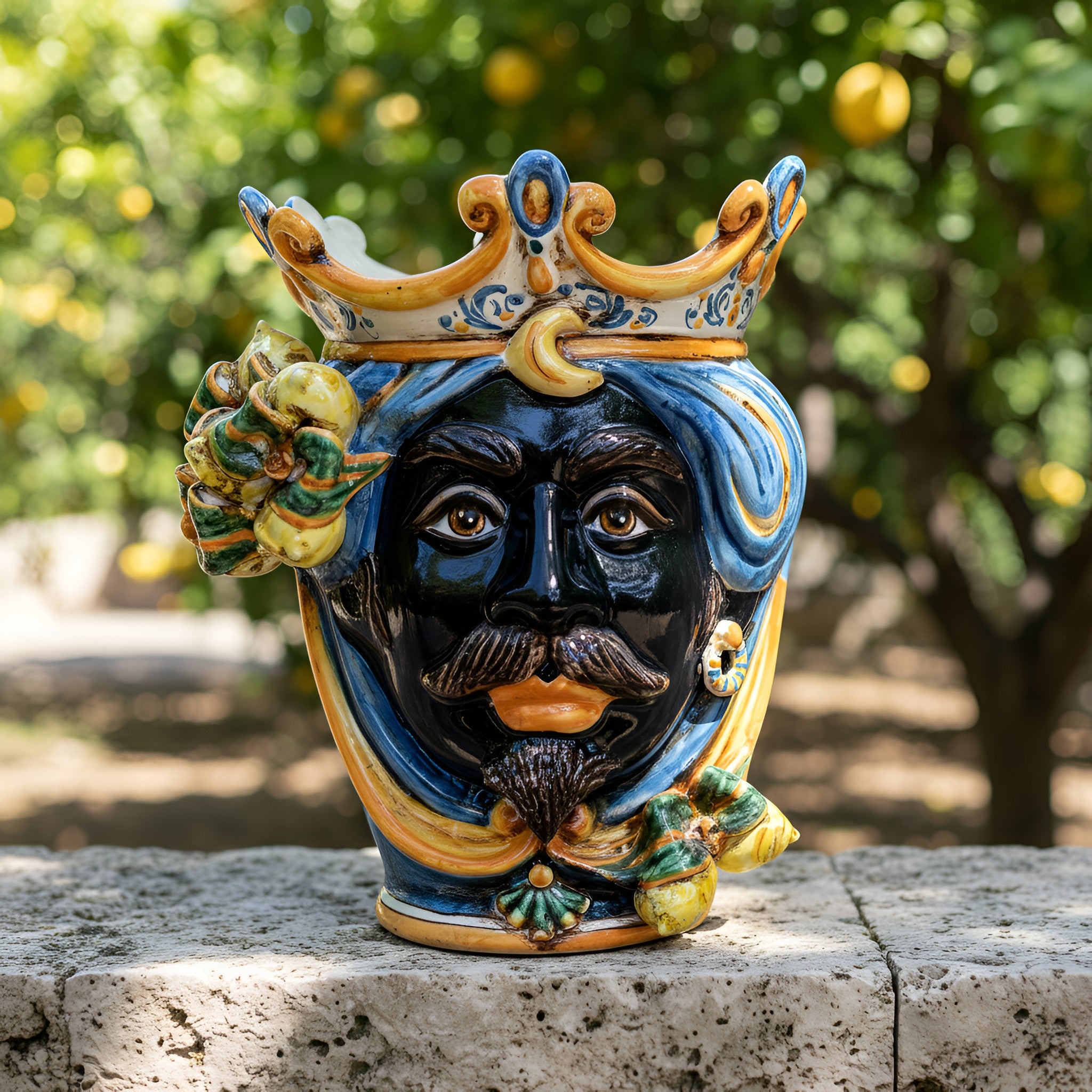 Testa di Moro con Limoni, Maschio Moro, Blu e Arancio, corona. Ceramiche Sofia, Caltagirone