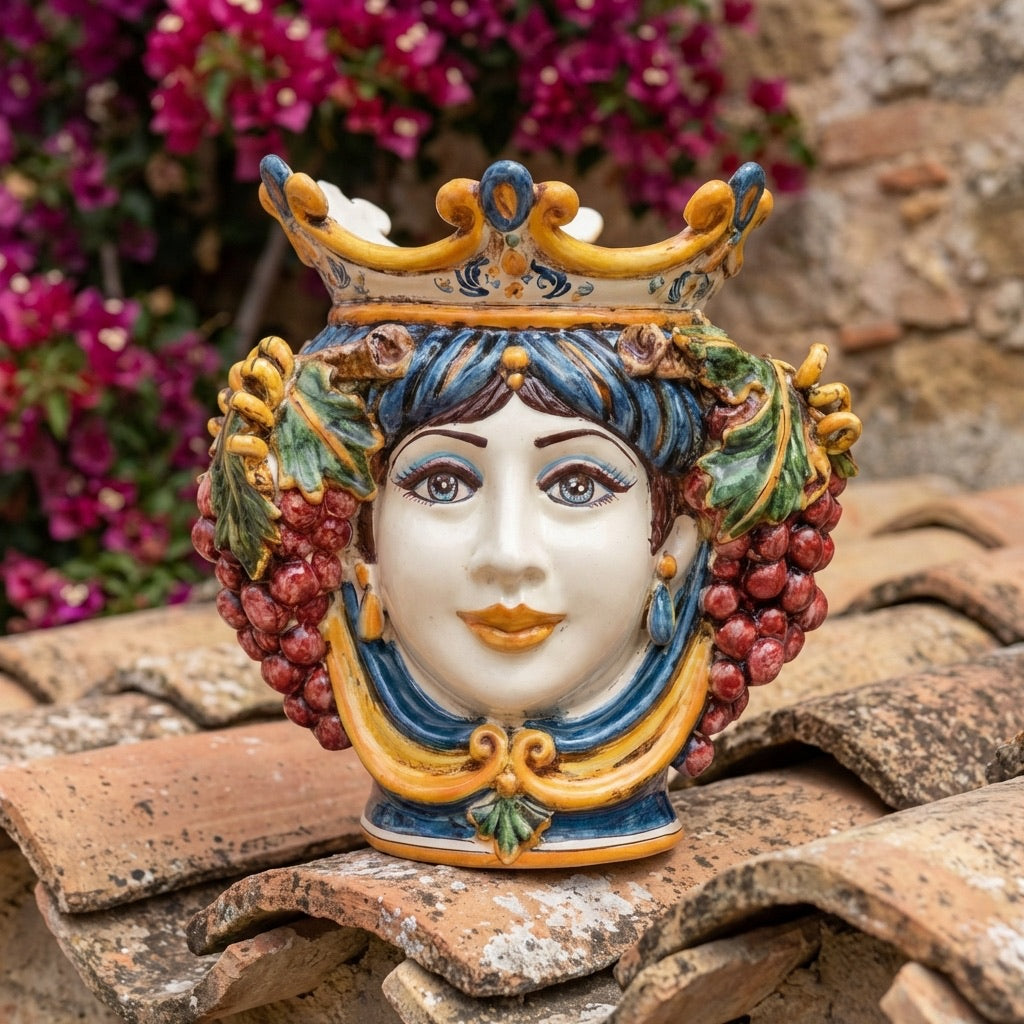 Testa di Moro con Uva, Donna, Blu e Arancio. Ceramica siciliana di Caltagirone, Sofia