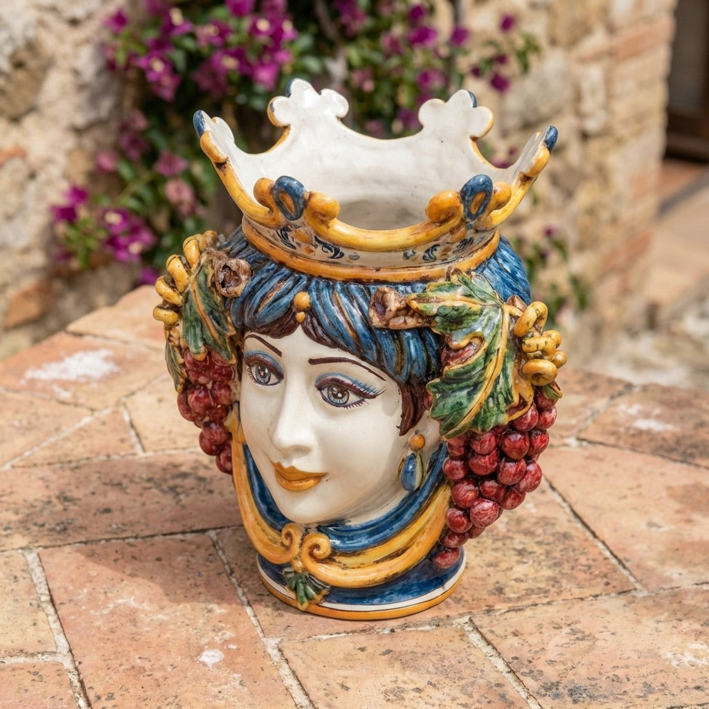 Testa di Moro con Uva, Donna, Blu e Arancio. Ceramica siciliana di Caltagirone, Sofia