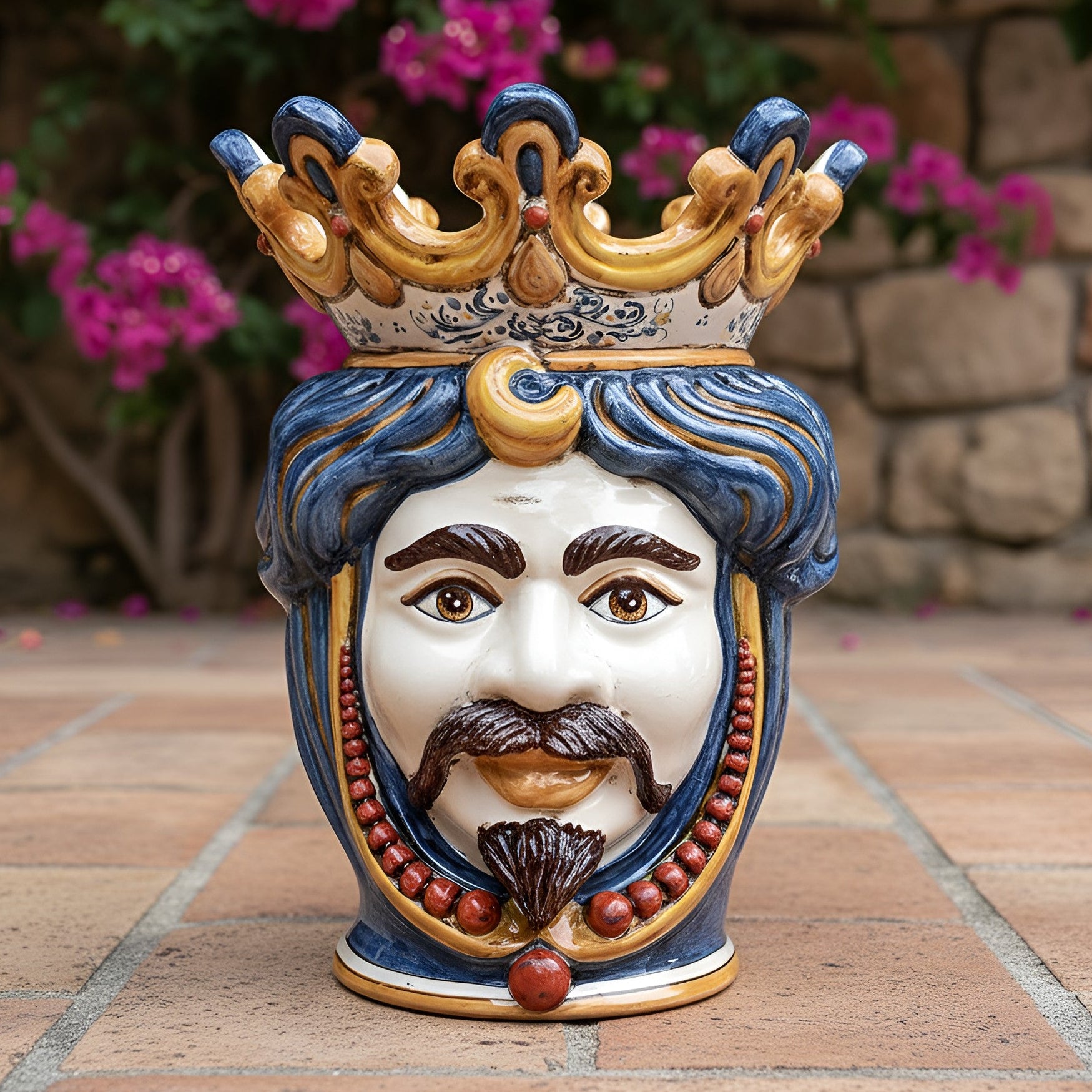 Testa di Moro con Perline, Maschio Bianco, Decoro Sicily. Ceramiche Sofia, Caltagirone