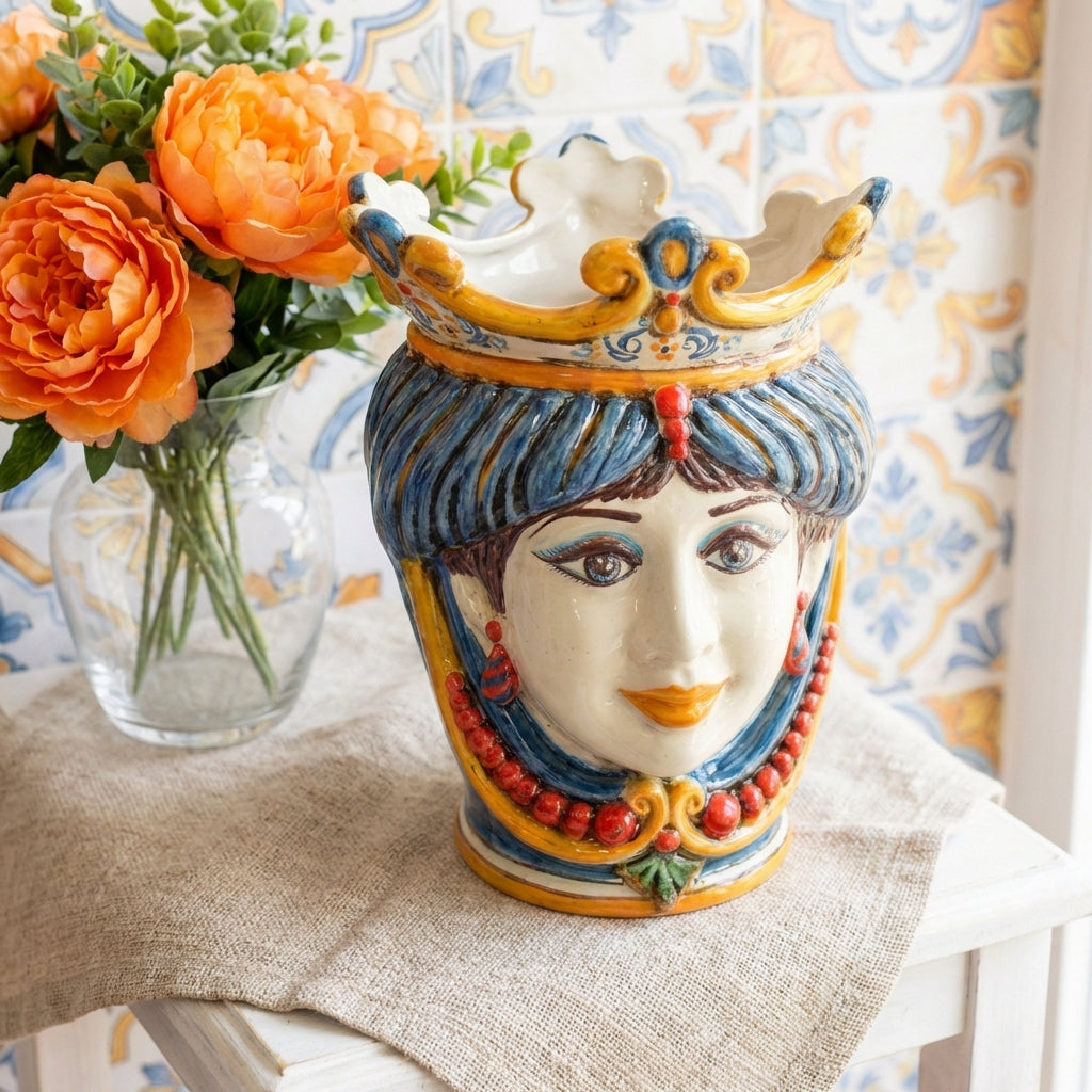 Testa di Moro con Perline, Donna, Decoro Sicily. Ceramica siciliana di Caltagirone, Sofia