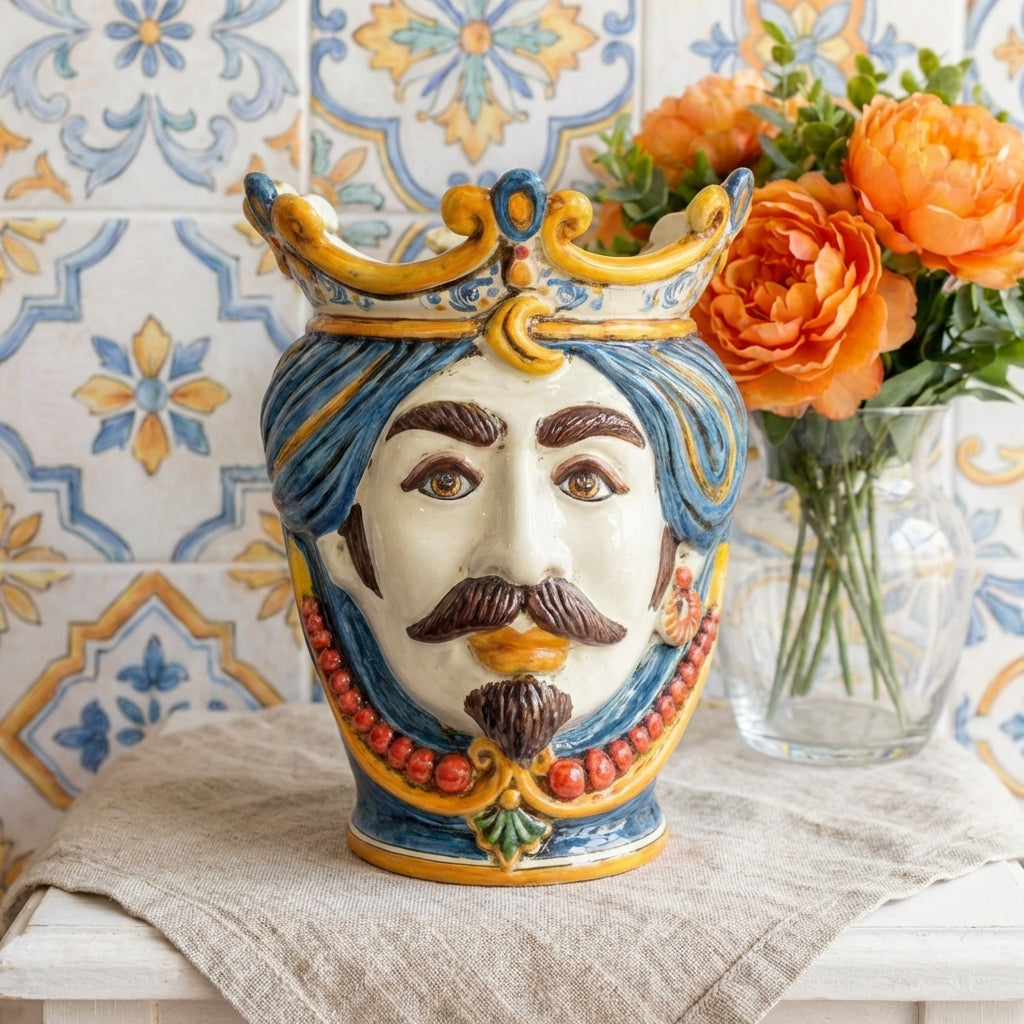 Testa di Moro con Perline, Maschio Bianco, Decoro Sicily. Ceramica siciliana di Caltagirone, Sofia