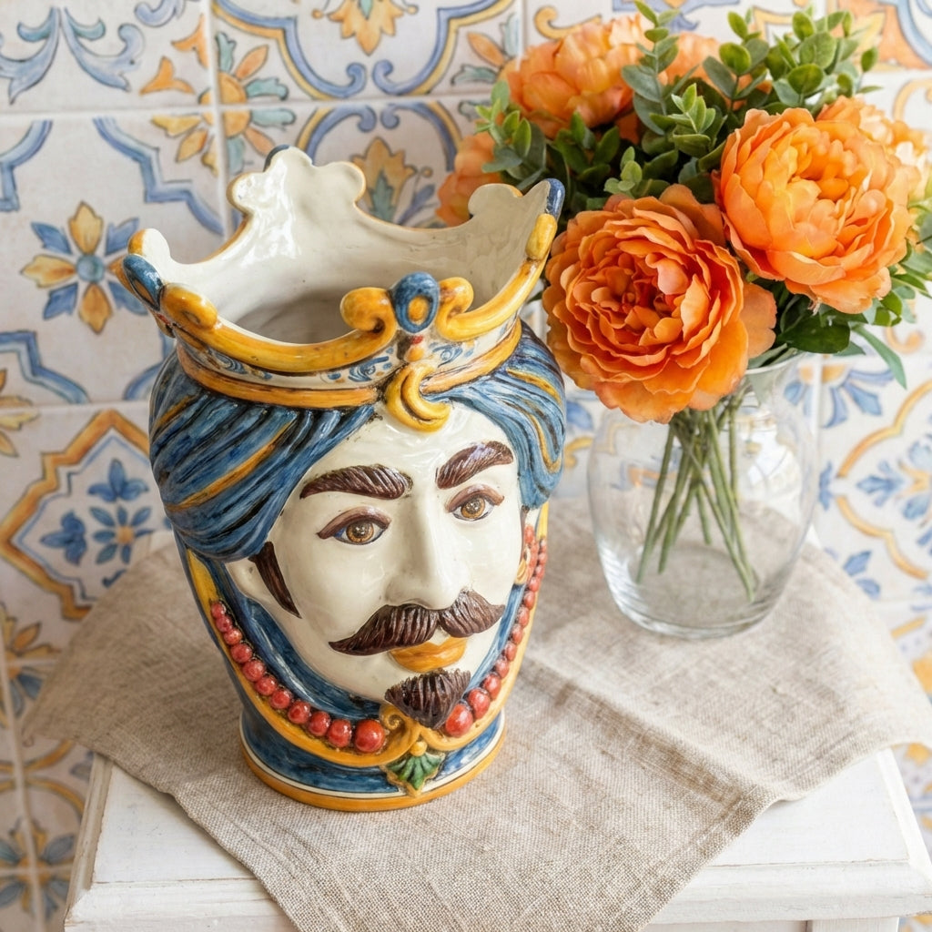 Testa di Moro con Perline, Maschio Bianco, Decoro Sicily. Ceramica siciliana di Caltagirone, Sofia