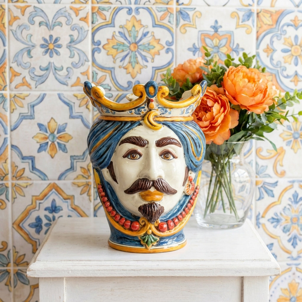 Testa di Moro con Perline, Maschio Bianco, Decoro Sicily. Ceramica siciliana di Caltagirone, Sofia