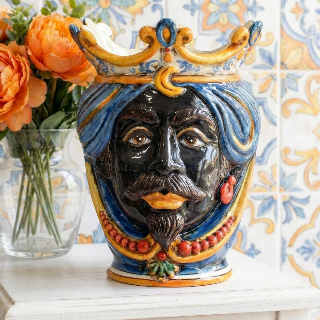 Testa di Moro con Perline, Maschio Moro, Decoro Sicily. Ceramiche Sofia, Caltagirone