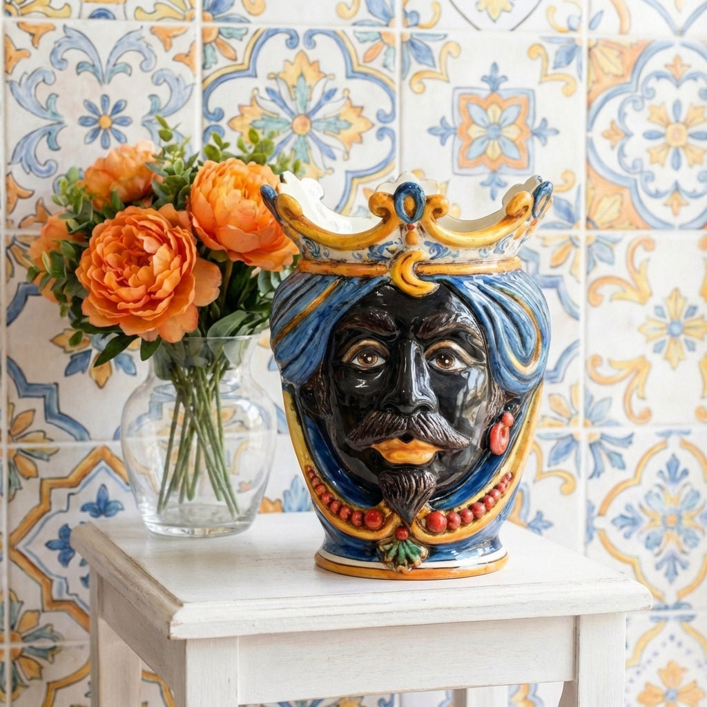 Testa di Moro con Perline, Maschio Moro, Decoro Sicily. Ceramiche Sofia, Caltagirone