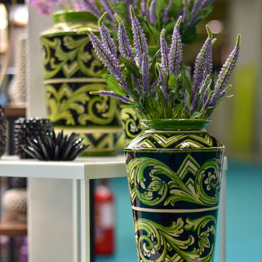 Vaso, Linea Parigi, Nero e Verde, fiori. Ceramiche Sofia, Caltagirone