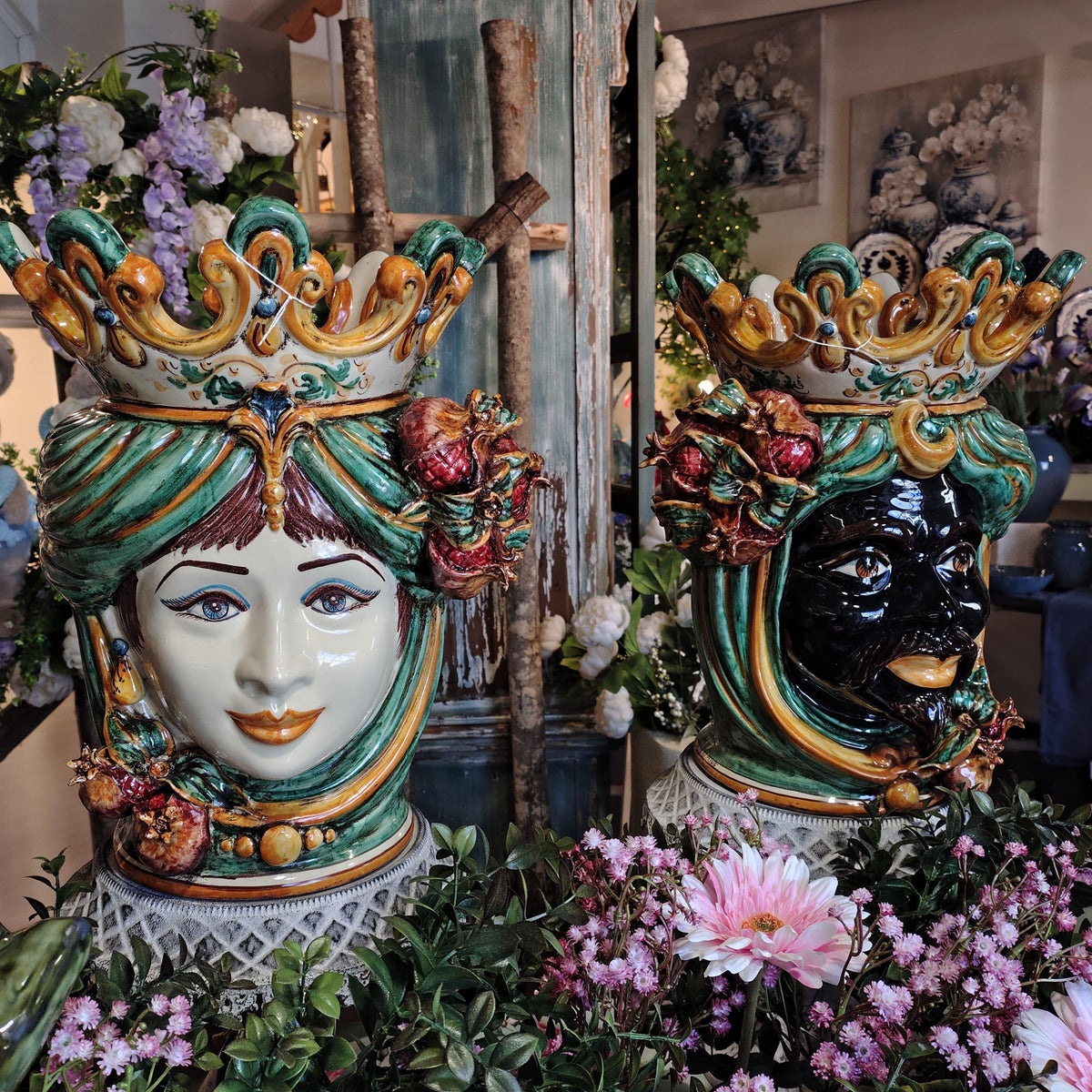 Testa di Moro con Melograni, Donna, Verde e Arancio. Ceramiche Sofia, Caltagirone