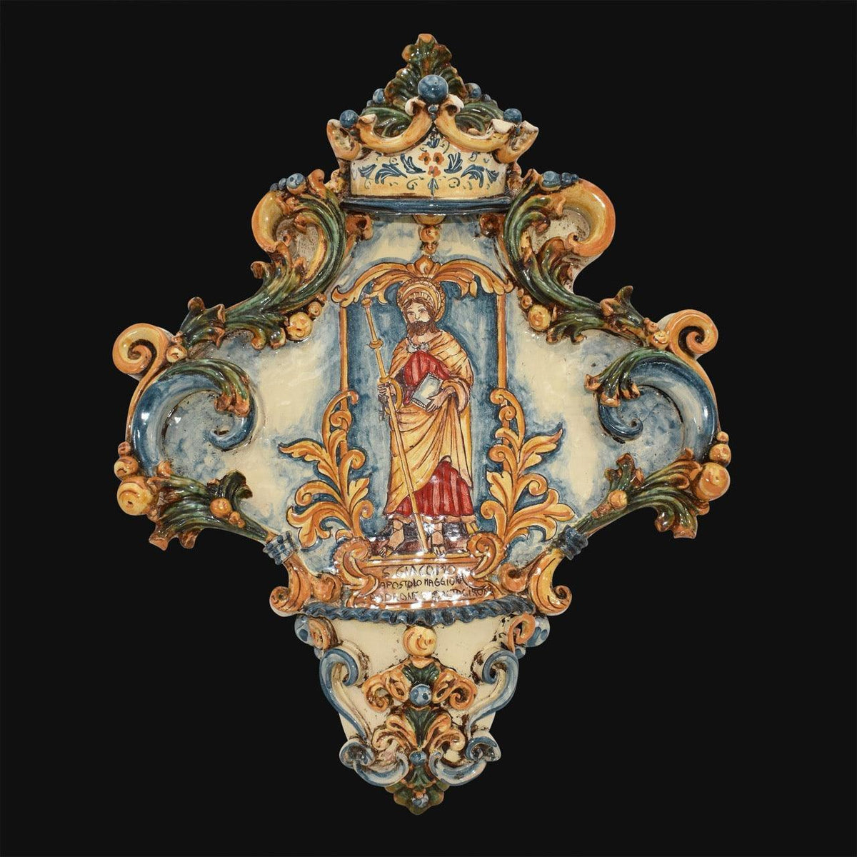 Acquasantiera Maxi Triangolare, San Giacomo Apostolo, Tricolore, decori barocchi. Ceramica siciliana di Caltagirone, Sofia