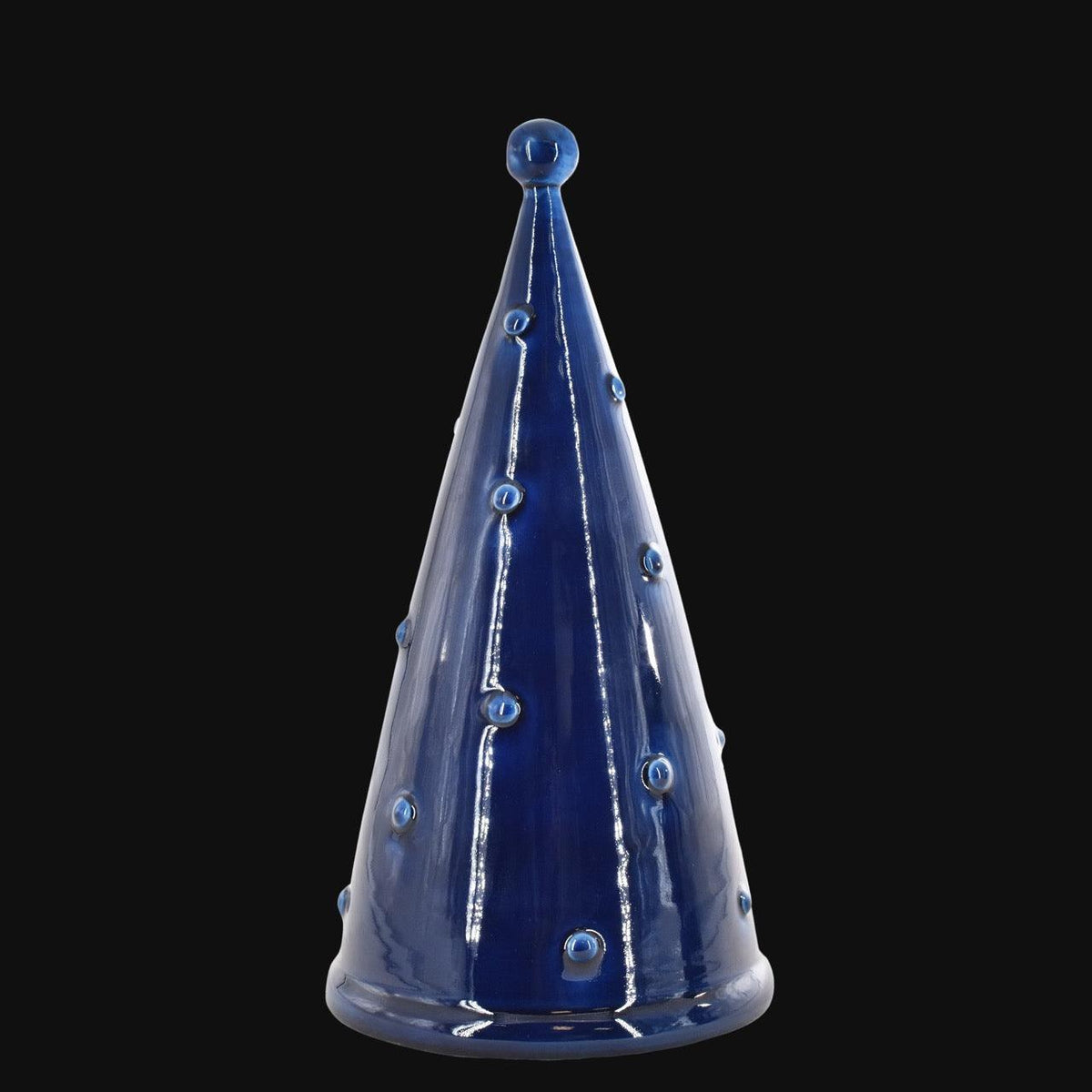 Albero di Natale Cono, Linea Moderna, Diverse Colorazioni, forma conica blu con decori a bolle. Ceramiche Sofia, Caltagirone
