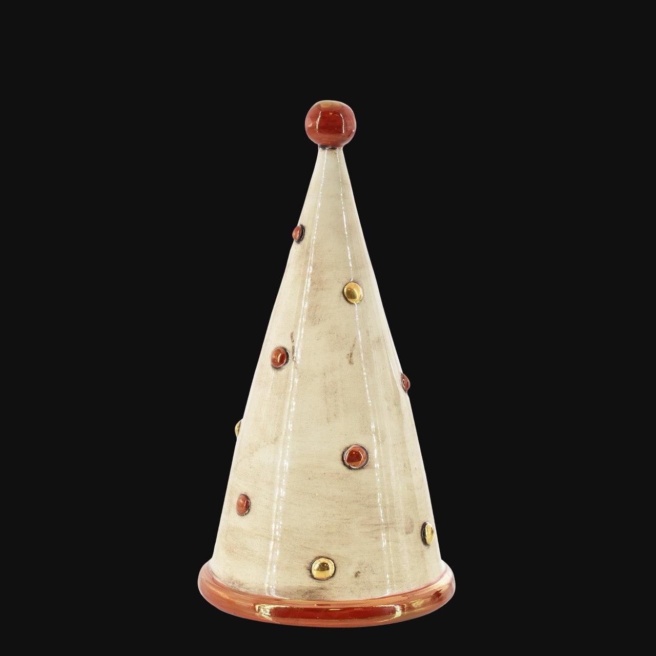 Albero di Natale Cono, Linea Moderna, Diverse Colorazioni, forma conica con decori rossi. Ceramiche Sofia, Caltagirone