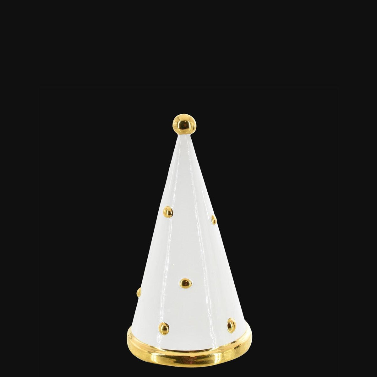 Albero di Natale Cono, Linea Moderna, Diverse Colorazioni, cono bianco con decori dorati. Ceramiche Sofia, Caltagirone