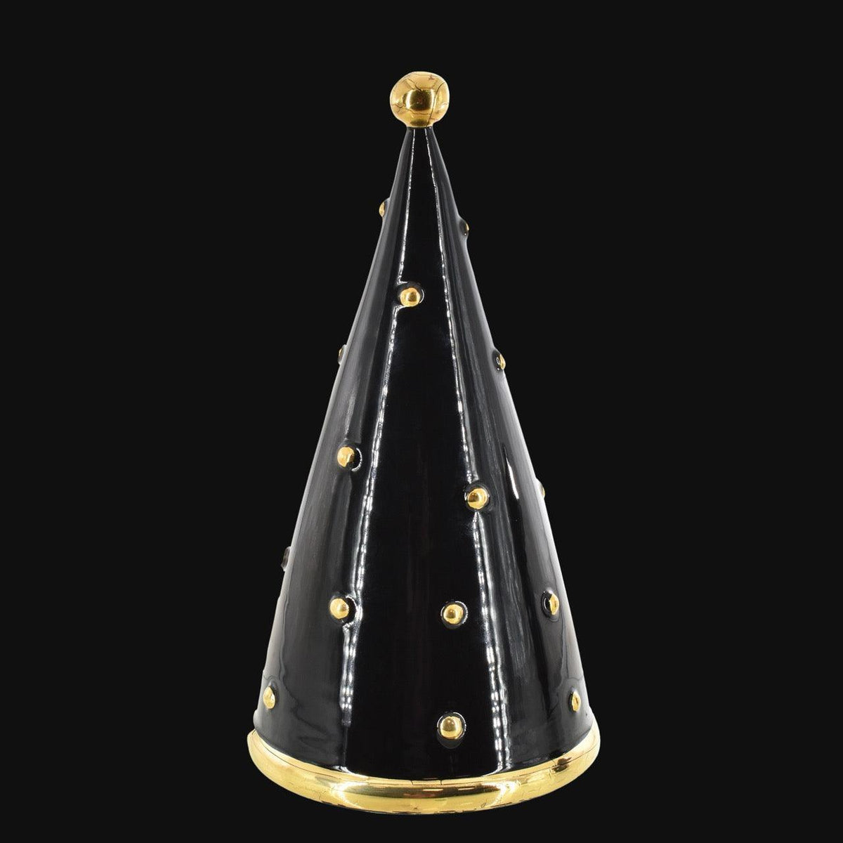 Albero di Natale Cono, Linea Moderna, Diverse Colorazioni, nera con dettagli dorati. Ceramiche Sofia, Caltagirone
