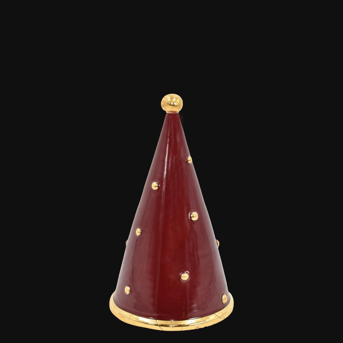 Albero di Natale cono moderno in ceramica di Caltagirone fatti a mano, rosso e oro.