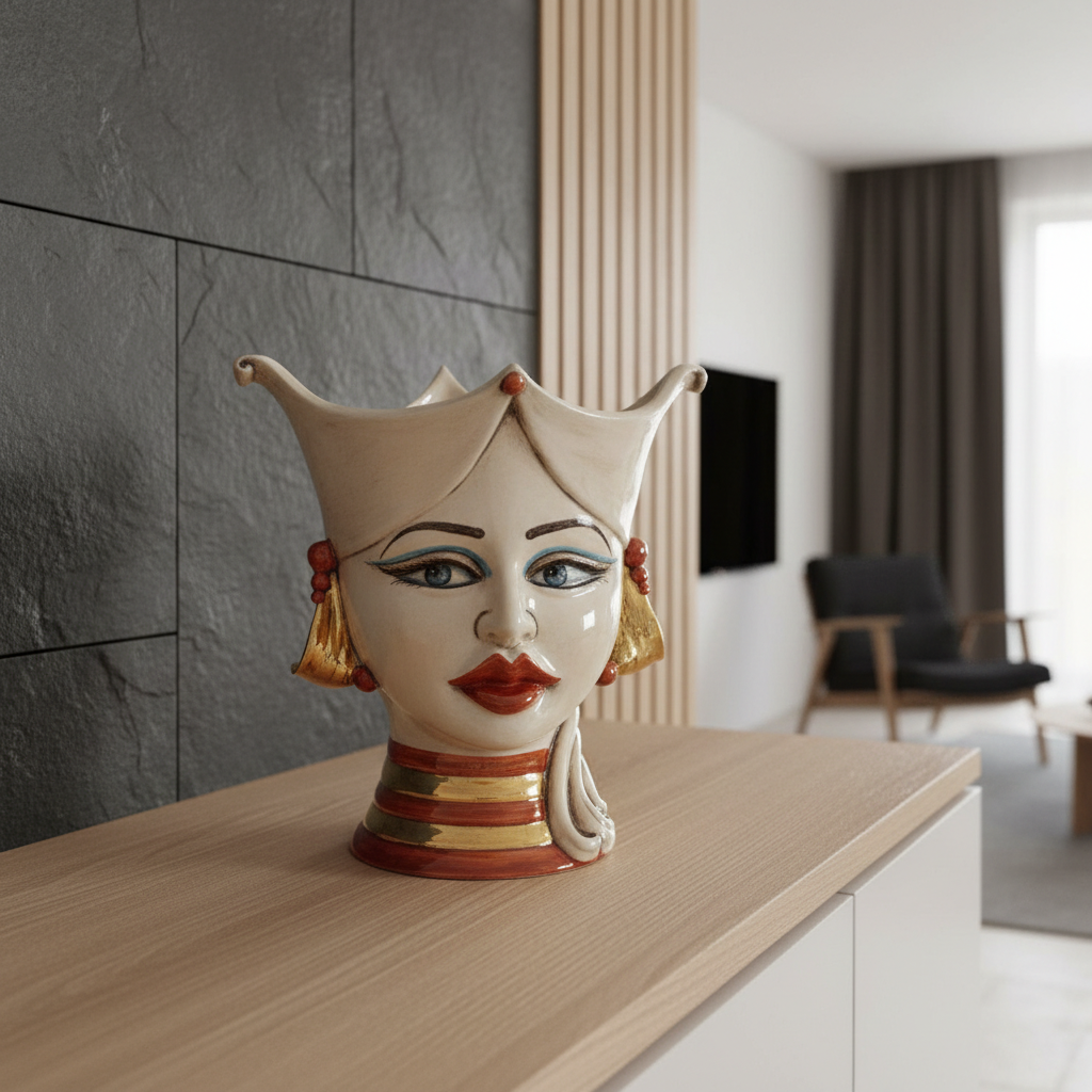 Testa di Moro Aisha, Donna, Madreperla Antichizzato Oro e Lustri, oro zecchino. Ceramiche Sofia, Caltagirone