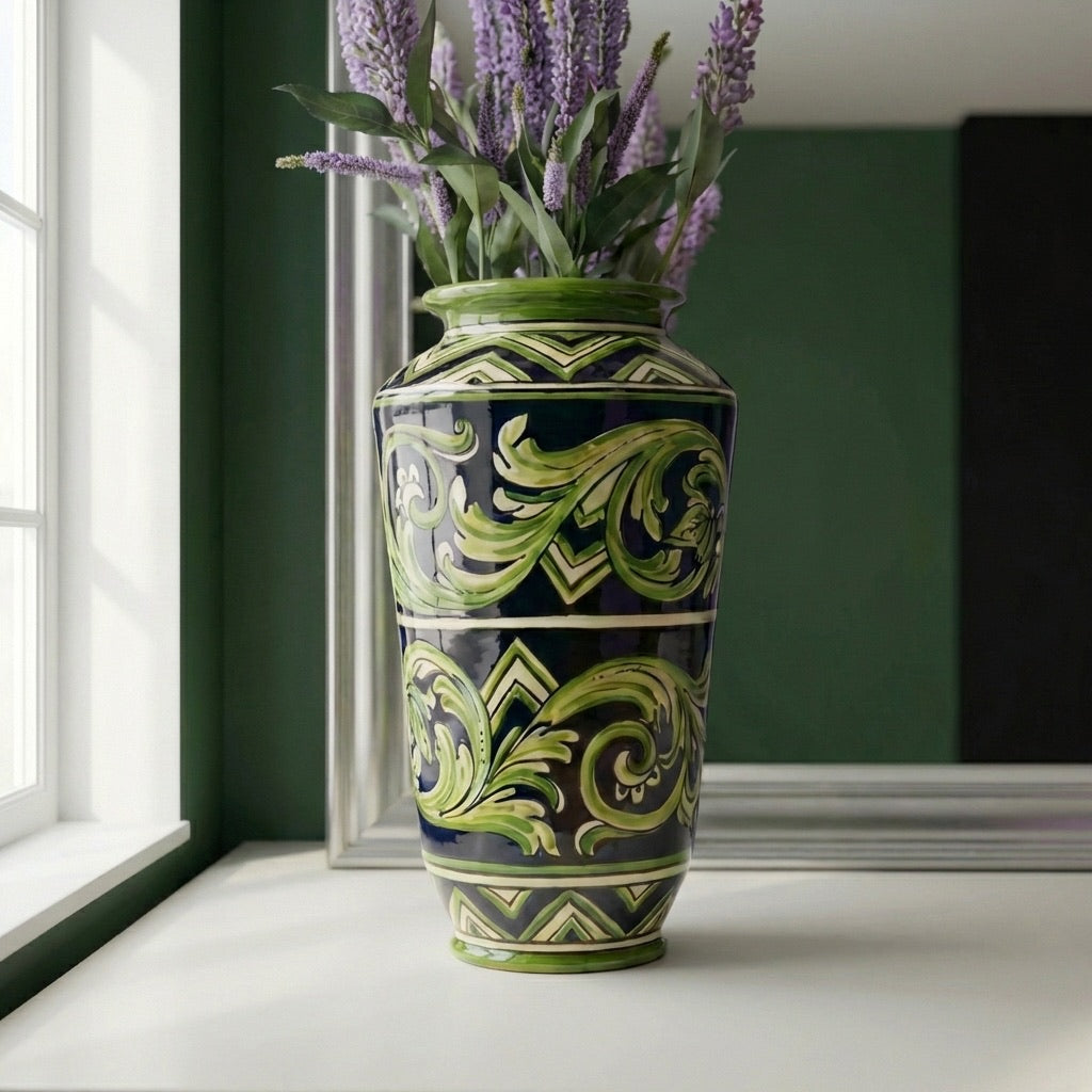 Vaso, Linea Parigi, Nero e Verde, fiori. Ceramiche Sofia, Caltagirone