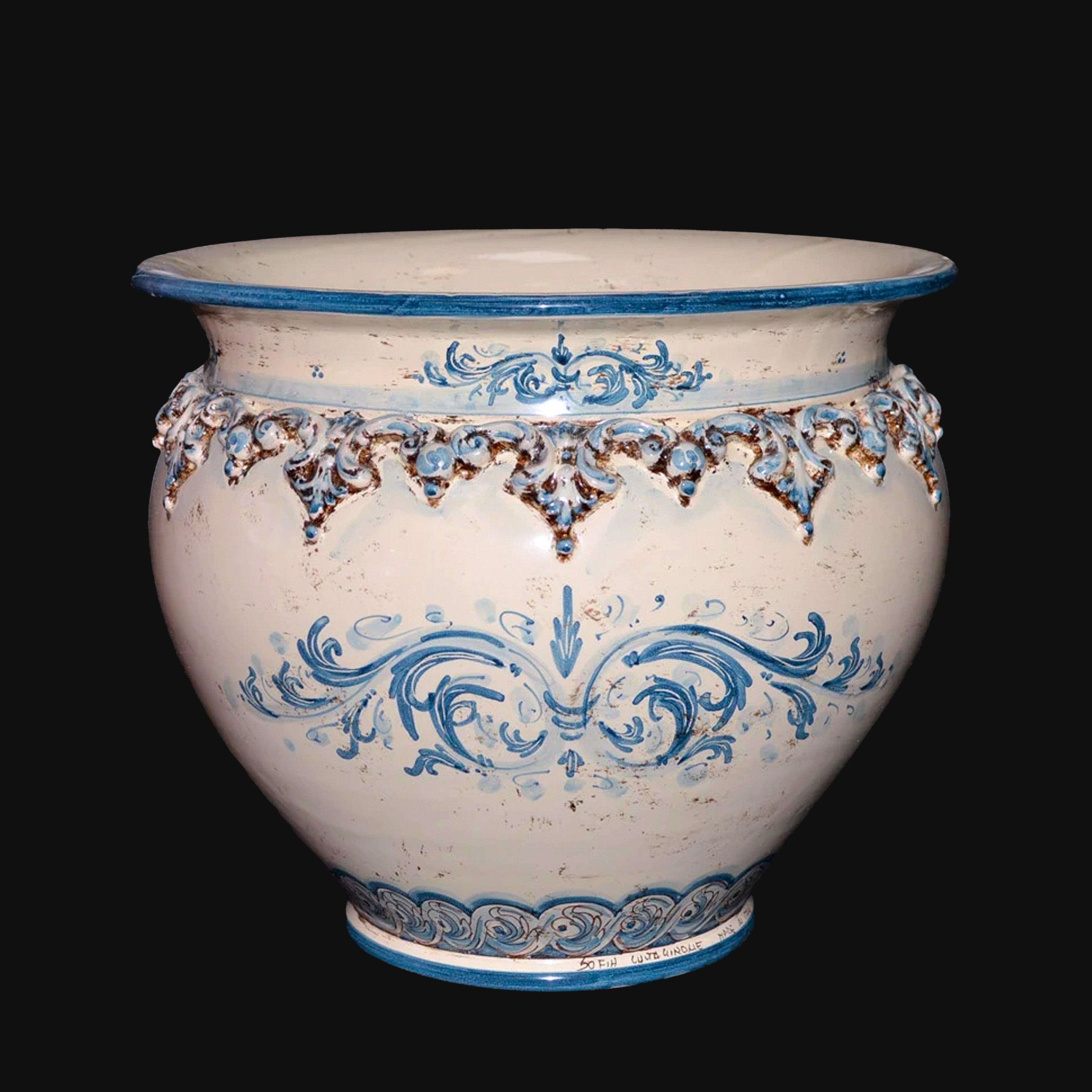 Cachepot, Plastico Sofia, Mono Blu, motivi e dettagli in rilievo. Ceramica siciliana di Caltagirone