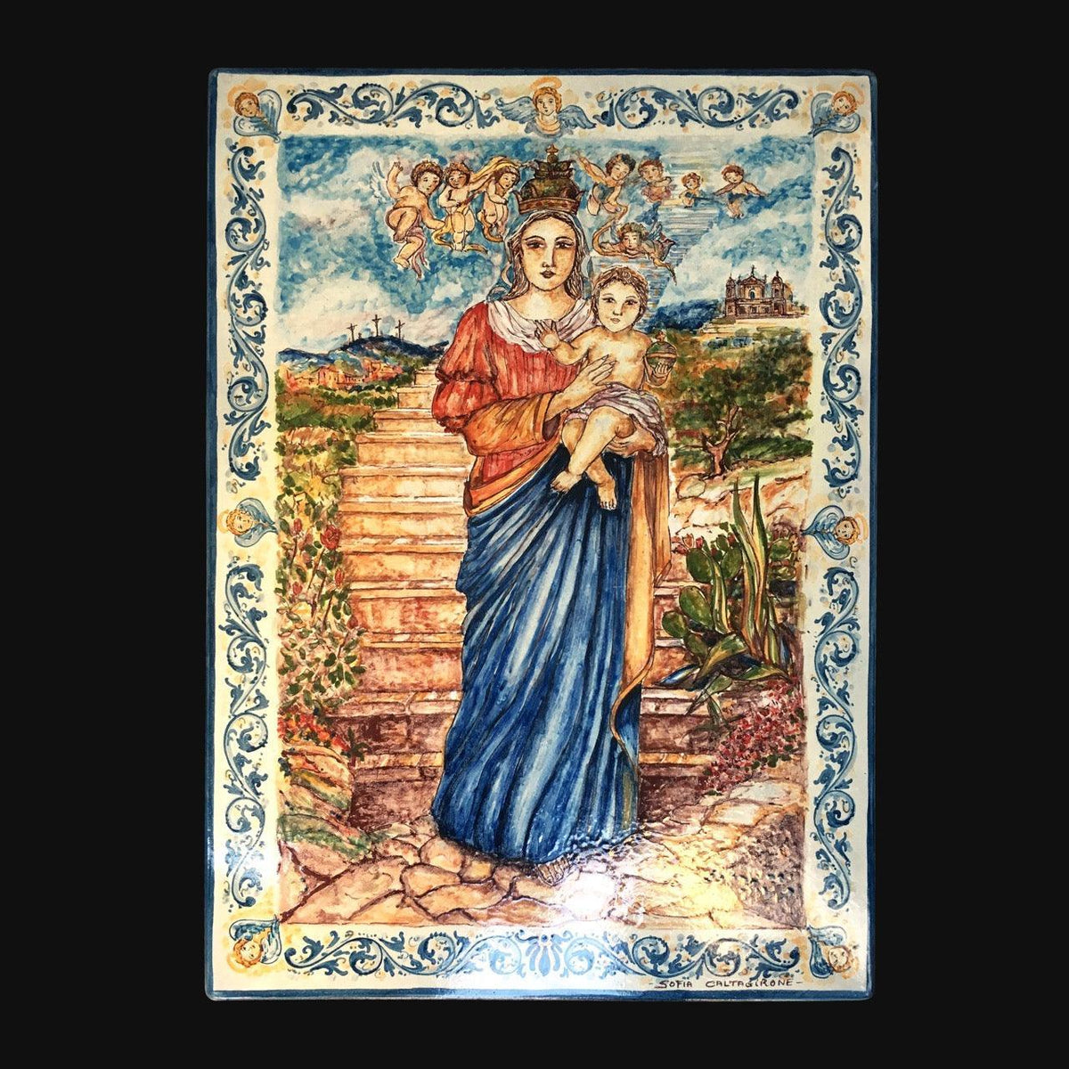 Capezzale in Pietra Lavica di Caltagirone, Madonna della Scala, Madonna e Bambino. Ceramiche Sofia, Caltagirone