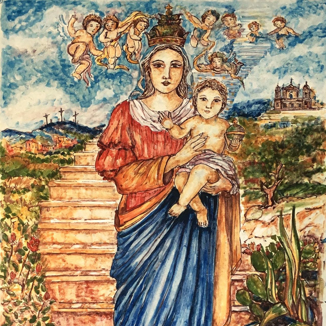Capezzale in Pietra Lavica di Caltagirone, Madonna della Scala, Madonna con Bambino, angeli. Ceramiche Sofia, Caltagirone