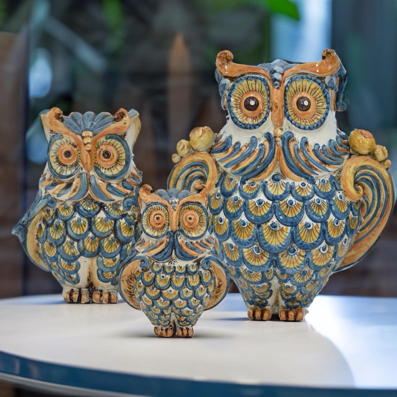 Gufo, Blu e Arancio, gufi decorativi in ceramica colorata. Ceramica siciliana di Caltagirone, Sofia