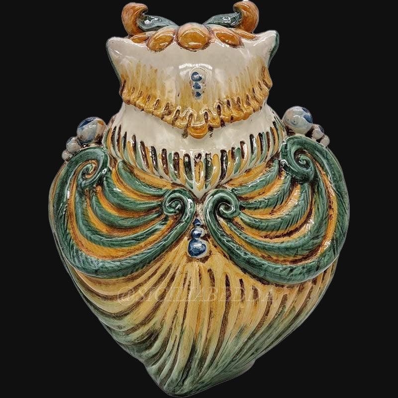 Gufo, Verde e Arancio, motivi barocchi e colori vivaci. Ceramica siciliana di Caltagirone, Sofia