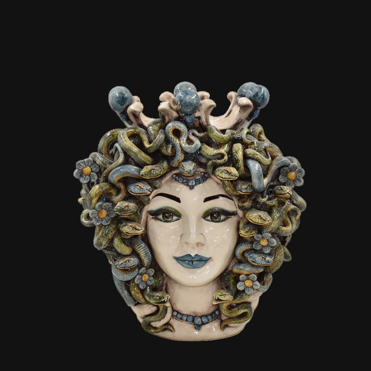 Testa Medusa h 38 cm - Madreperla Antichizzato, Perline Blu | Ceramica Caltagirone