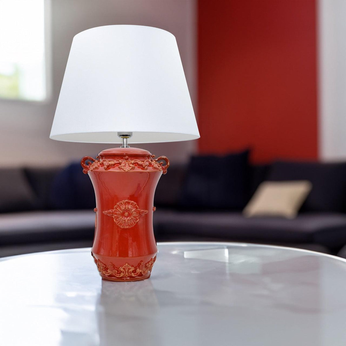 Lume Albarello, Plastico Sofia, Rosso Fuoco, motivi barocchi. Ceramica di Caltagirone