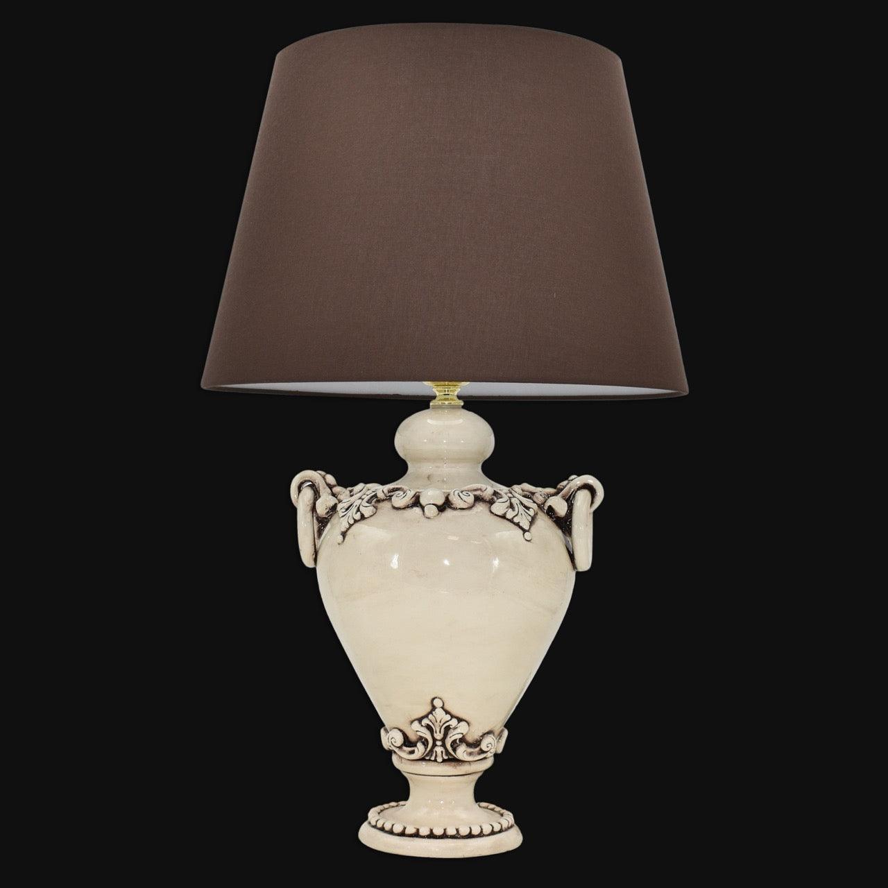 Lume ad Anelli, Plastico Sofia, Madreperla Antichizzato, decori barocchi e paralume marrone. Ceramica di Caltagirone