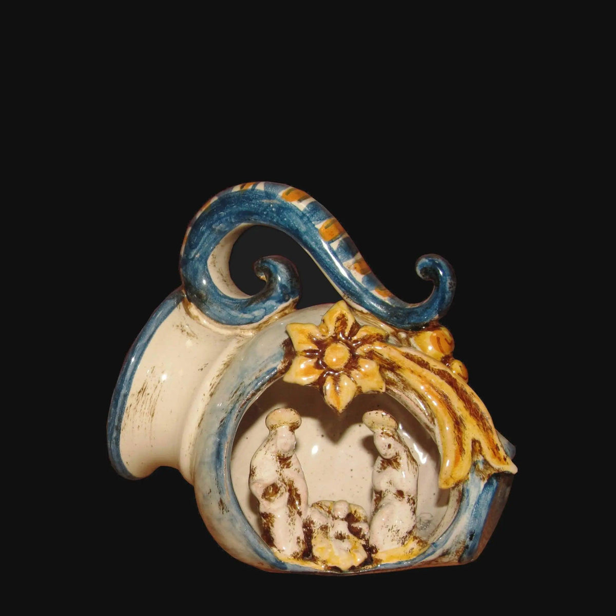 Natività Mini Giara, Blu e Arancio, presepe, decori floreali e gialli. Ceramica siciliana di Caltagirone, Sofia